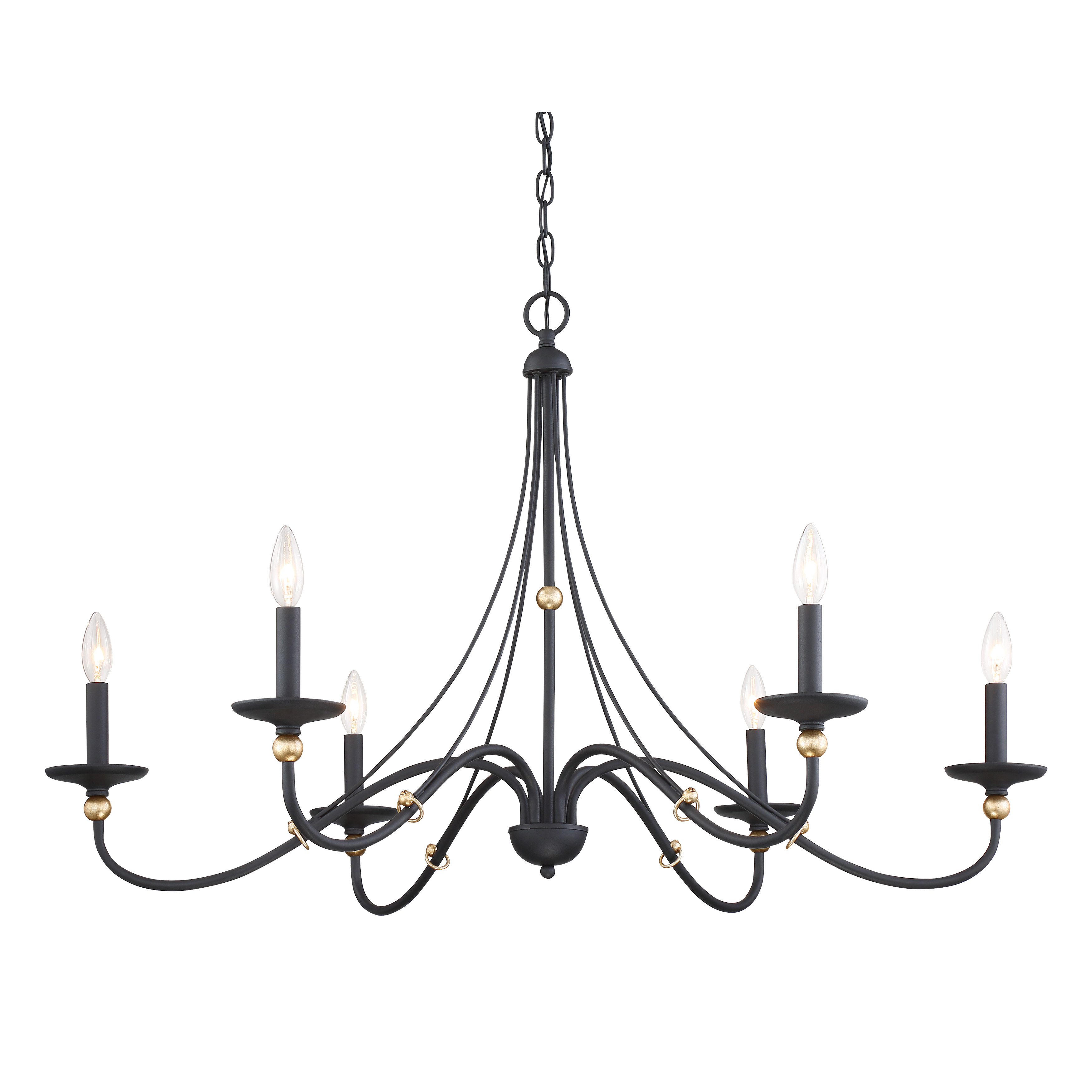 The Westchester County chandelier combines industrial elegance with transitional style. Its 40-inch linear design features Sand Coal finish with Skyline Gold Leaf highlights, creating visual interest. Six candelabra lights provide ample illumination for large spaces.