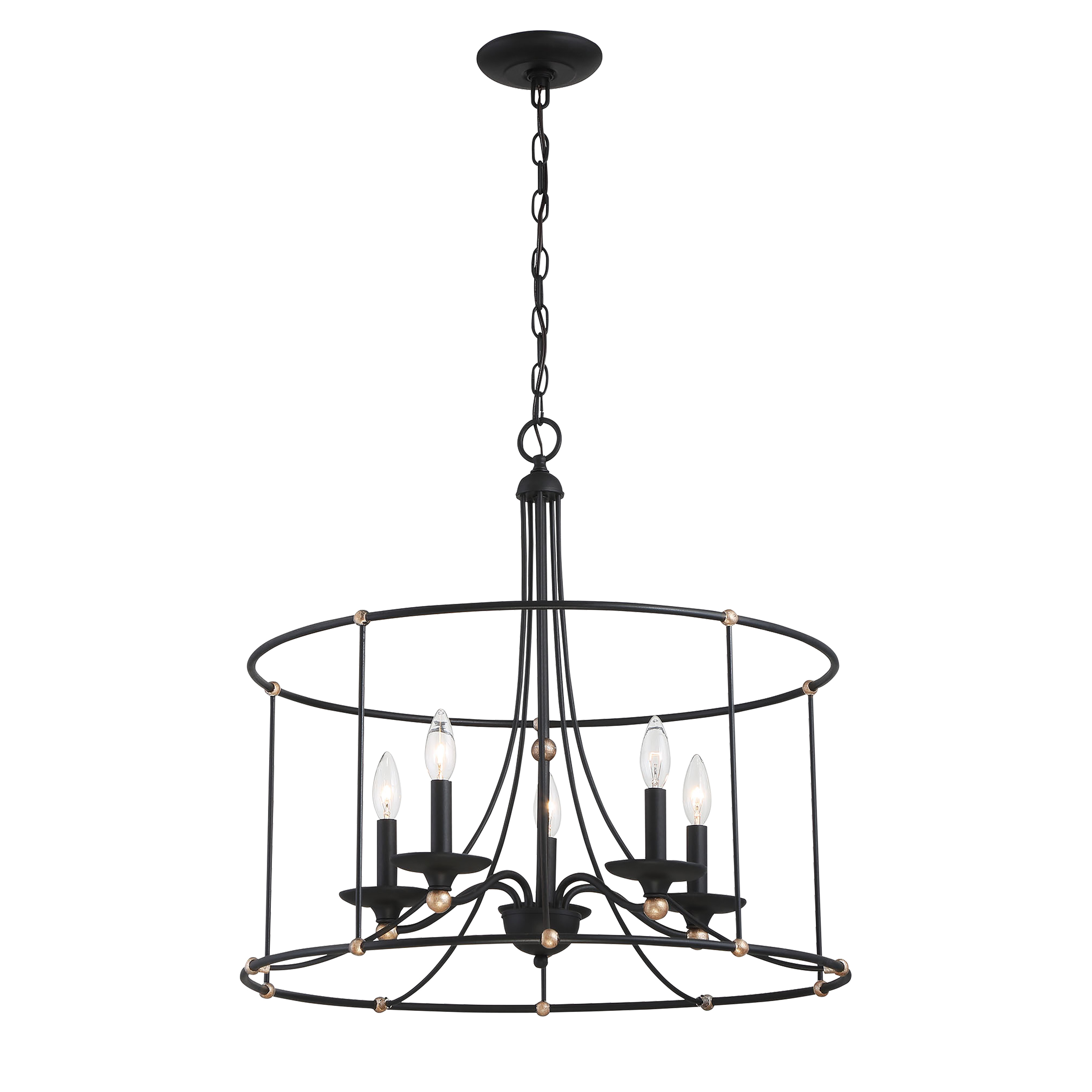 The Westchester County chandelier blends traditional candelabra styling with contemporary finishes. Its 25-inch width and Sand Coal with Gold Leaf finish create a refined focal point for medium-sized spaces.