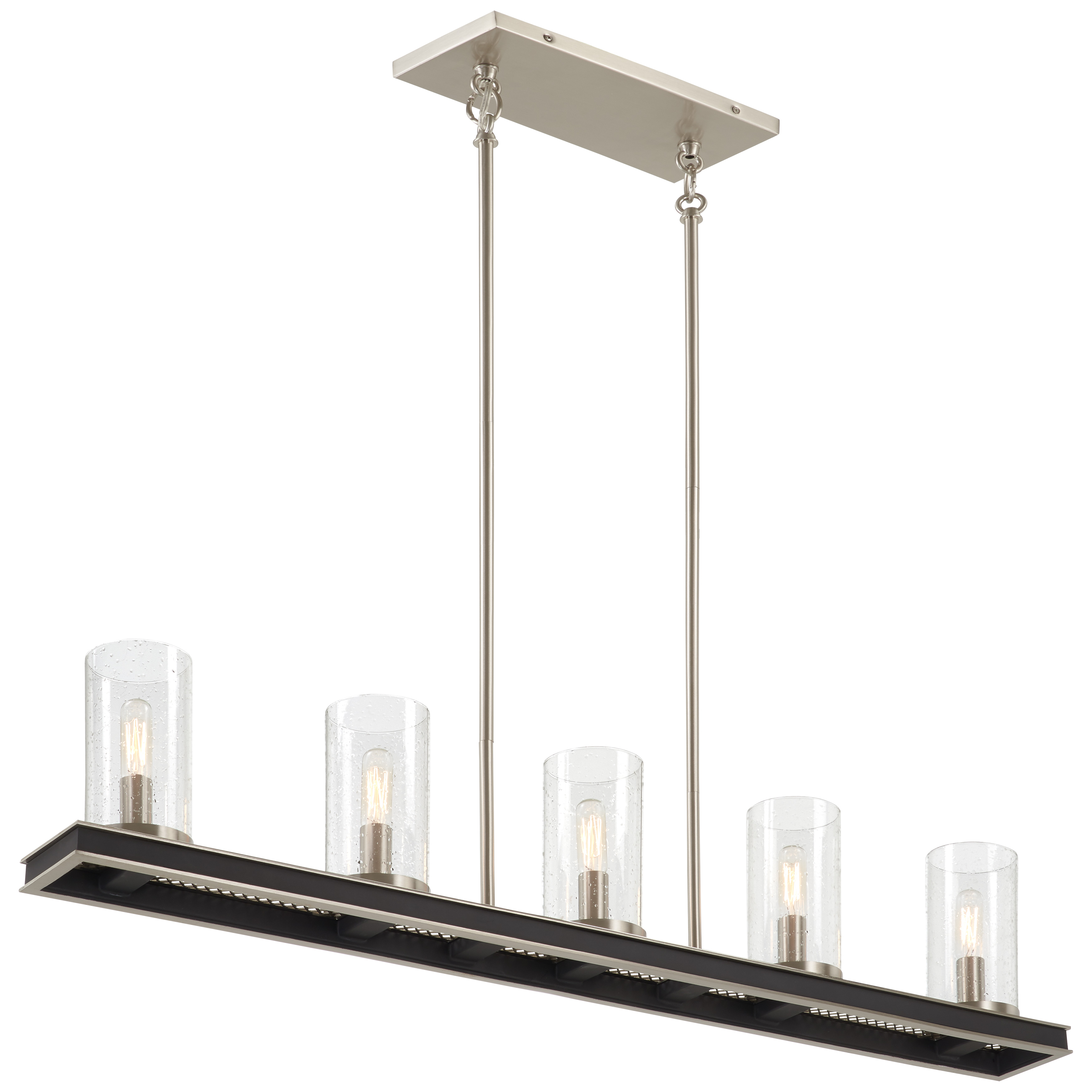 The Cole's Crossing 5-Light Island Chandelier combines brushed nickel and coal finishes for a sophisticated two-tone look. Its 40-inch linear design and glass shades provide excellent task lighting over kitchen islands and dining tables.