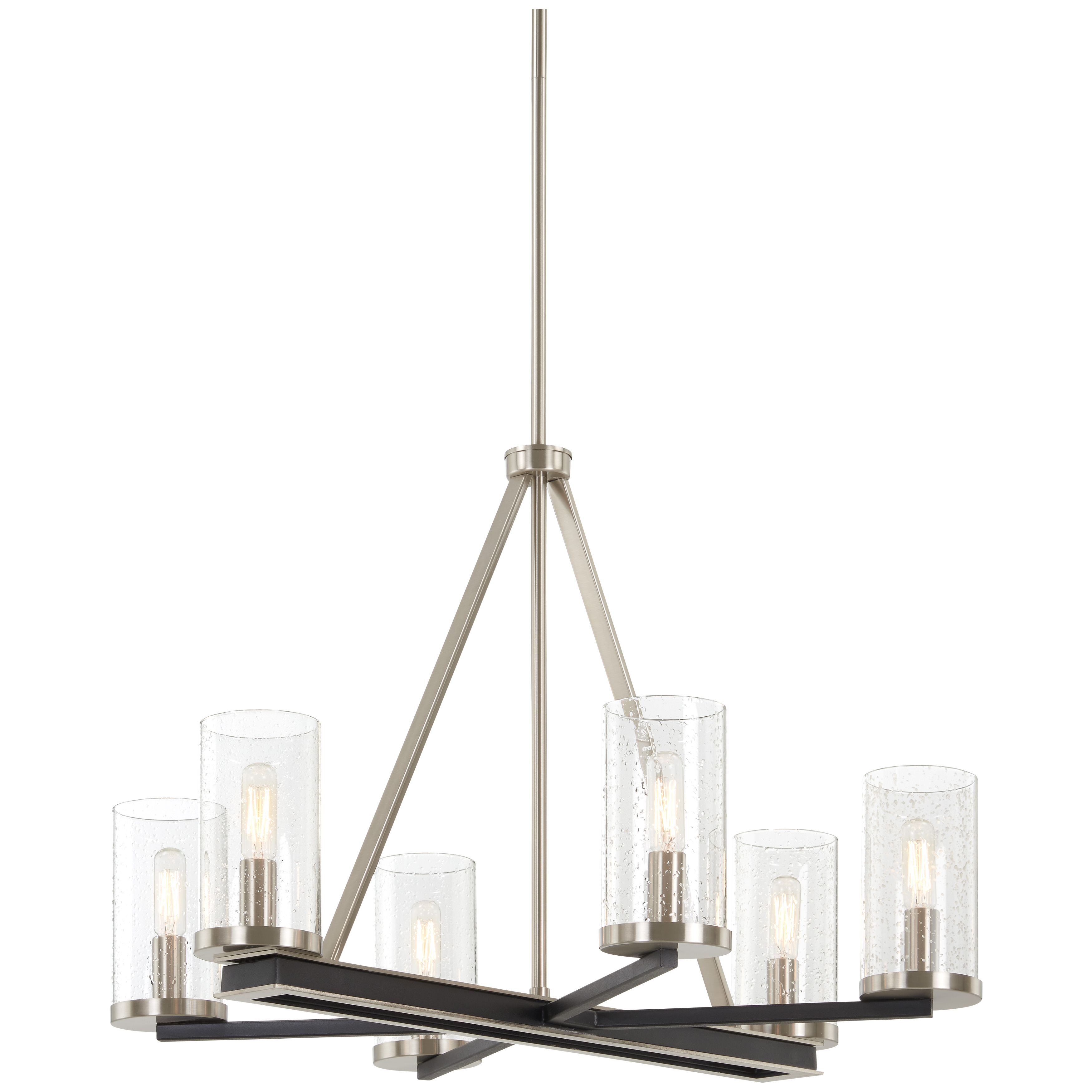 The Cole's Crossing chandelier blends brushed nickel with coal highlights for a sophisticated transitional look. Six candelabra lights provide ample illumination, while the steel and glass construction ensures durability and timeless appeal.