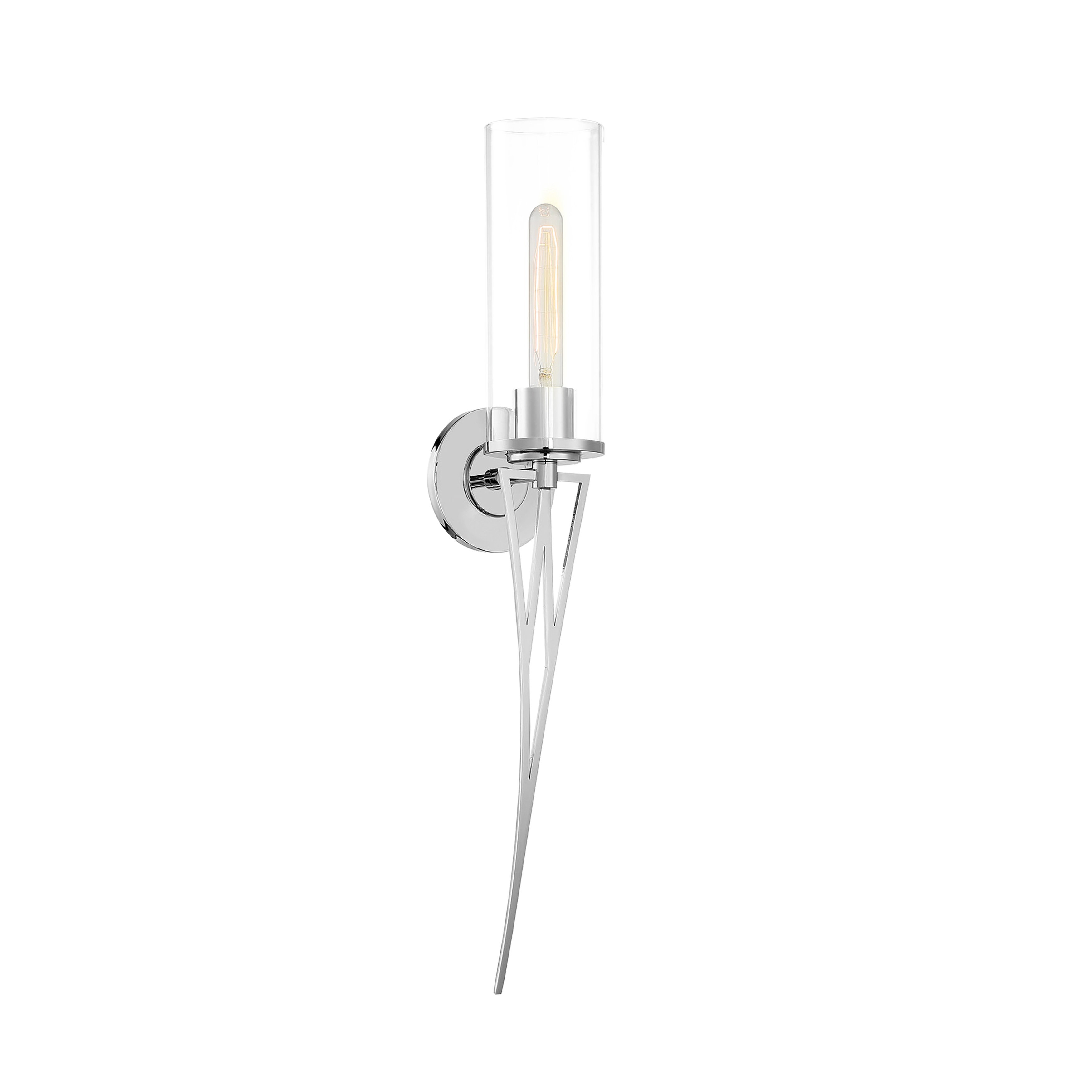 The Regal Terrace wall sconce combines classic elegance with modern simplicity. Its tall glass cylinder shade and polished nickel finish create a sophisticated look perfect for bathrooms and hallways.
