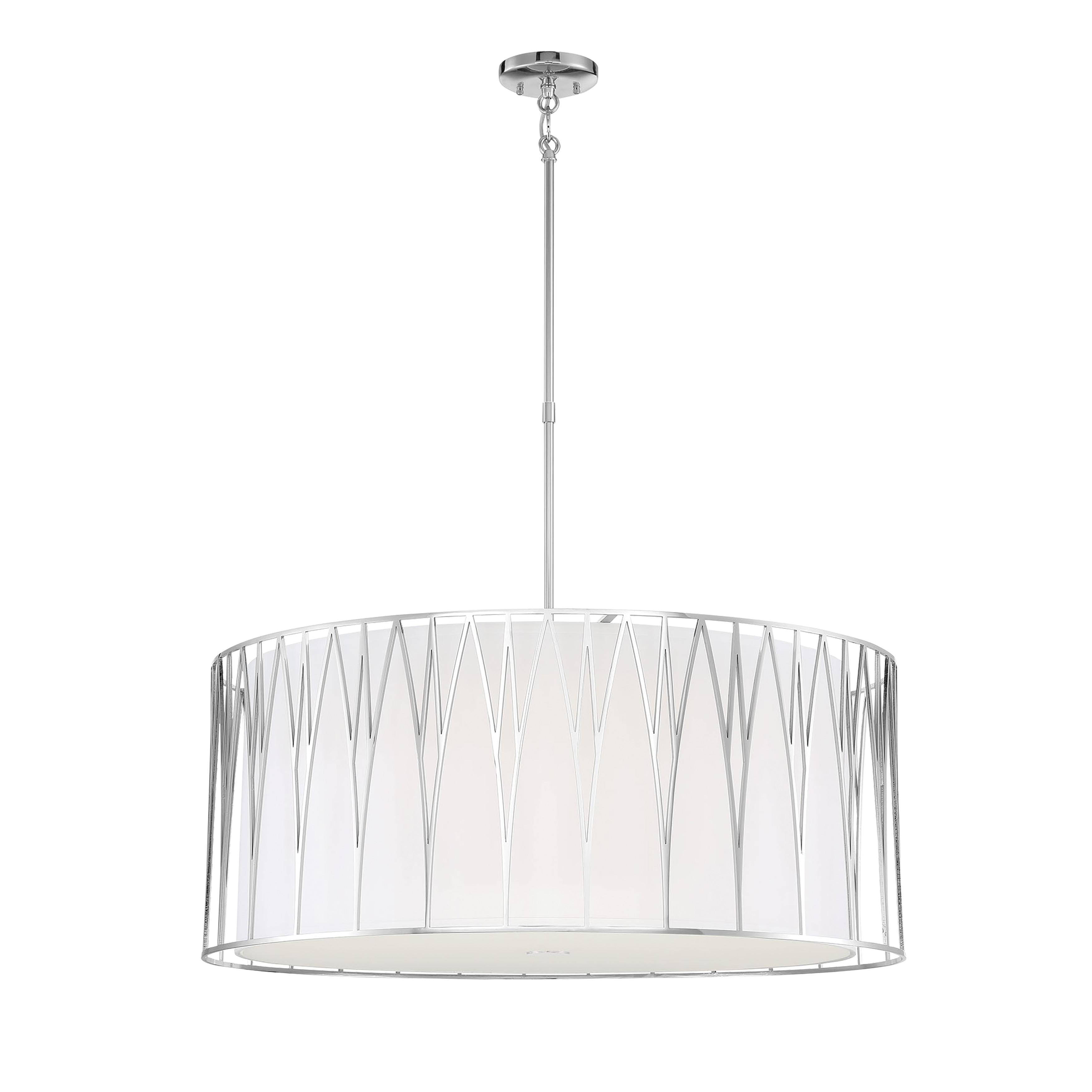 The Regal Terrace combines transitional elegance with modern LED efficiency. Its 32-inch width and polished nickel finish create a refined focal point, while the fabric shade softens the 6,901 lumens of high-CRI light.