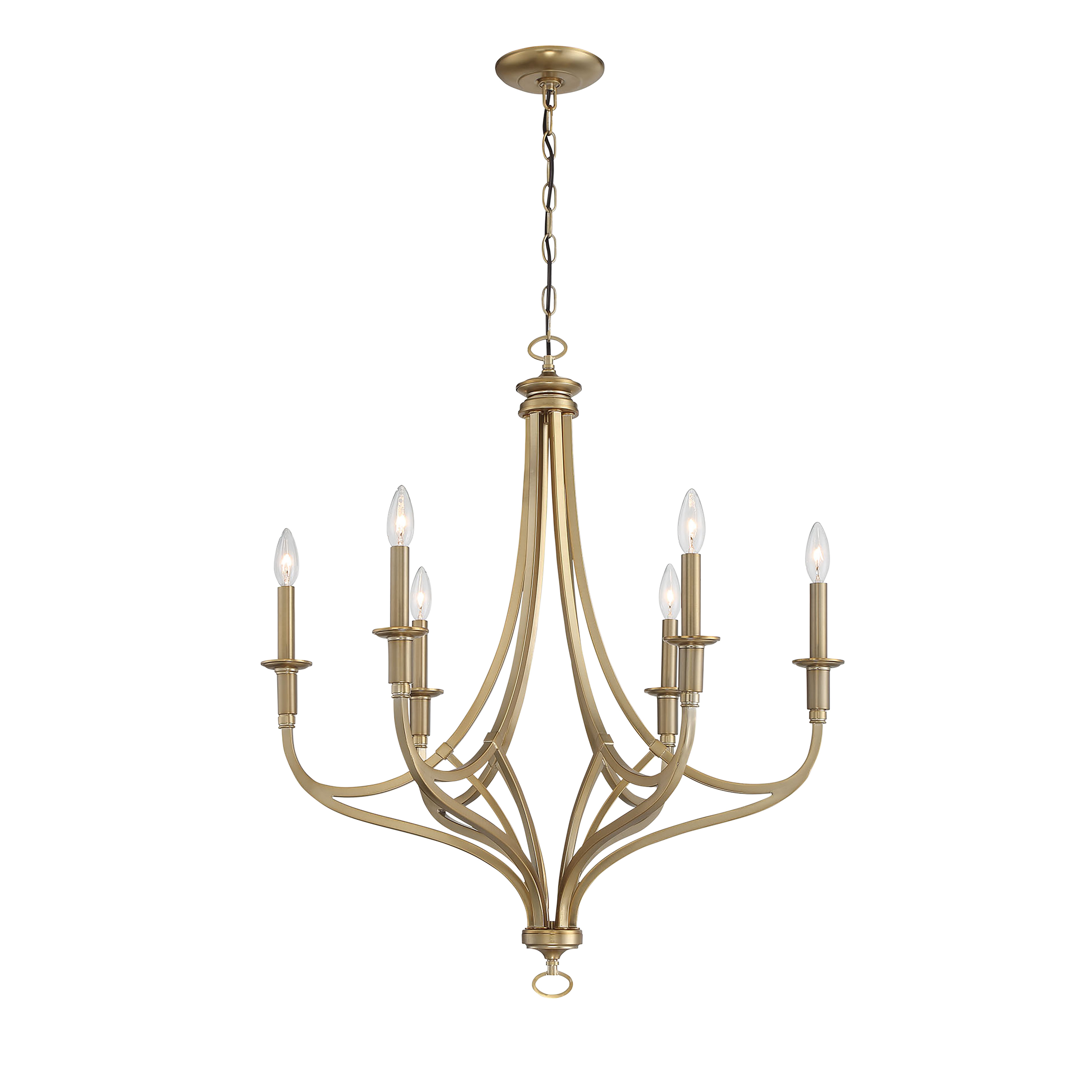 The Covent Park chandelier blends traditional candelabra styling with contemporary brushed gold finish. Its 28-inch width and 6-light configuration provide ample illumination for medium-sized spaces while the warm honey gold tone adds sophisticated elegance.