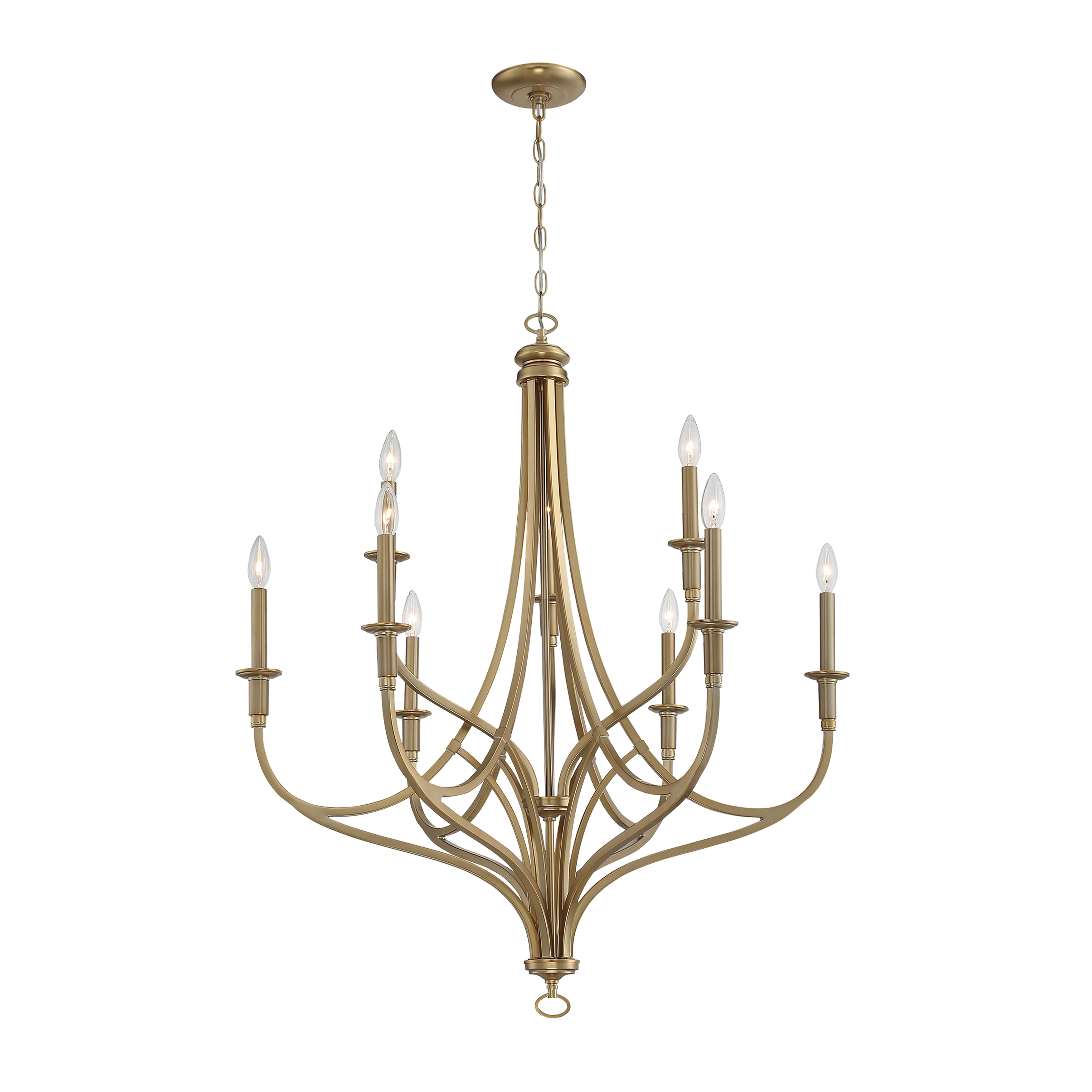 The Covent Park chandelier brings sophisticated transitional style with its brushed honey gold finish and 9-light candelabra design. At 34 inches wide, it makes a stunning statement in dining rooms and foyers while offering versatile style that bridges traditional and contemporary aesthetics.