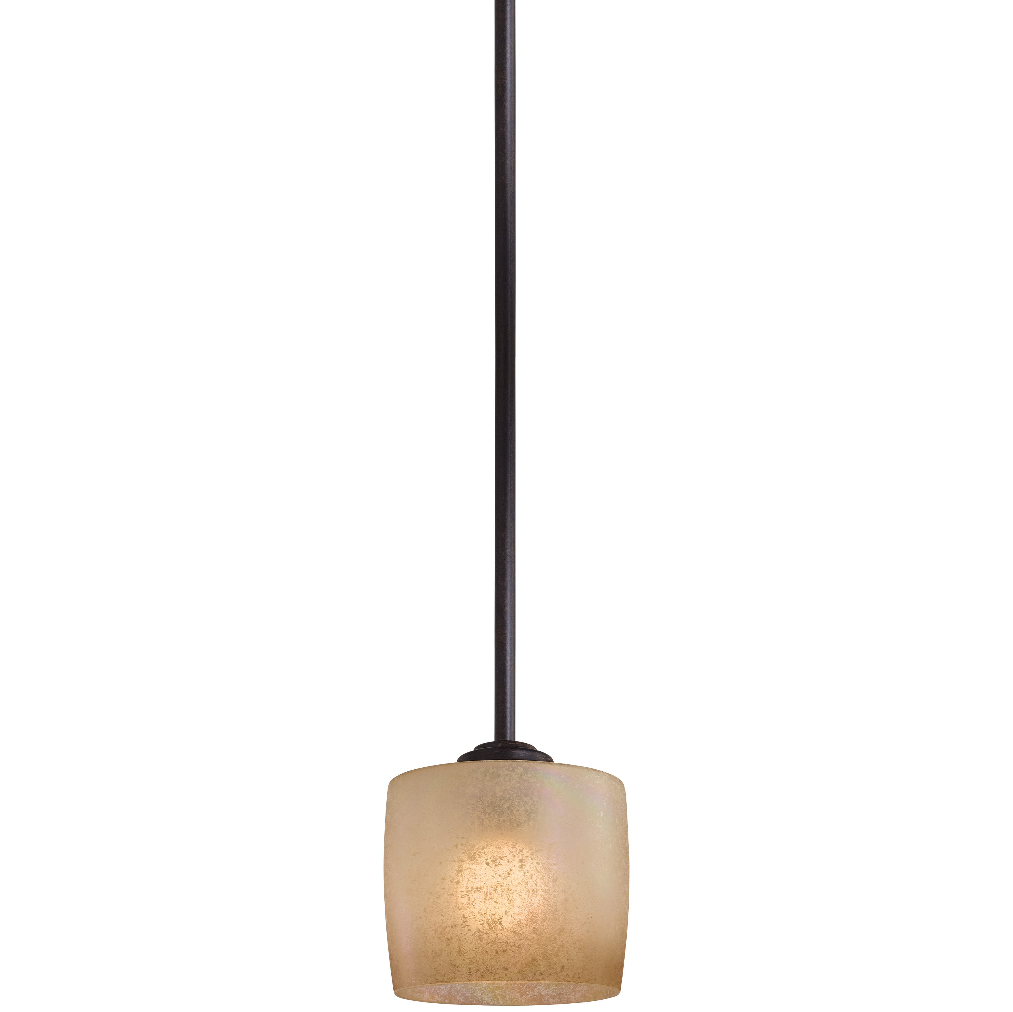 The Raiden mini pendant combines industrial iron oxide finish with elegant Venetian scavo glass for a refined transitional look. Its compact 5.25" width makes it ideal for smaller spaces or grouped installations.