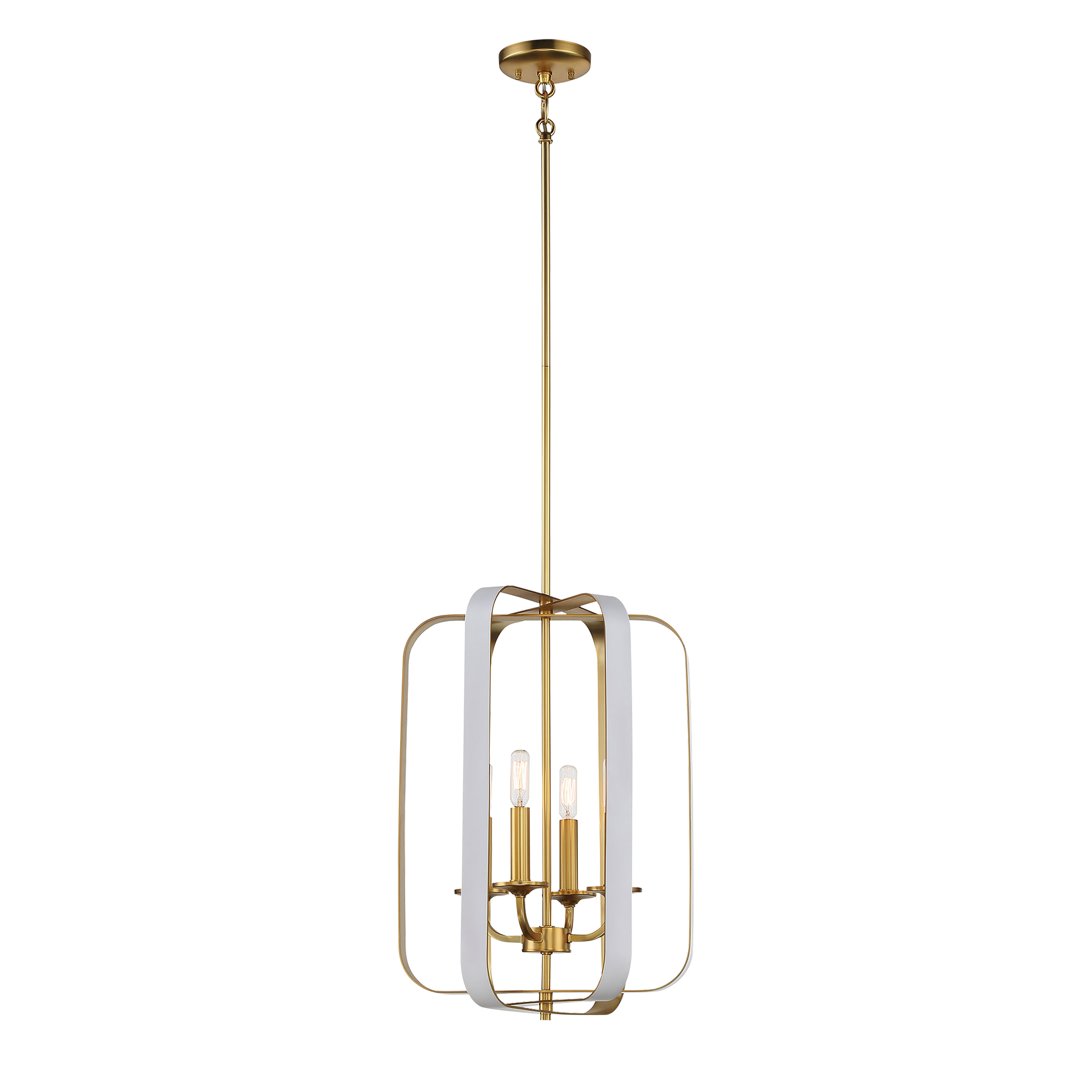 The Aureum 4-Light Pendant combines clean matte white finish with honey gold interior detailing, creating a sophisticated transitional look. Its compact 14-inch width makes it perfect for smaller dining areas and kitchen islands.