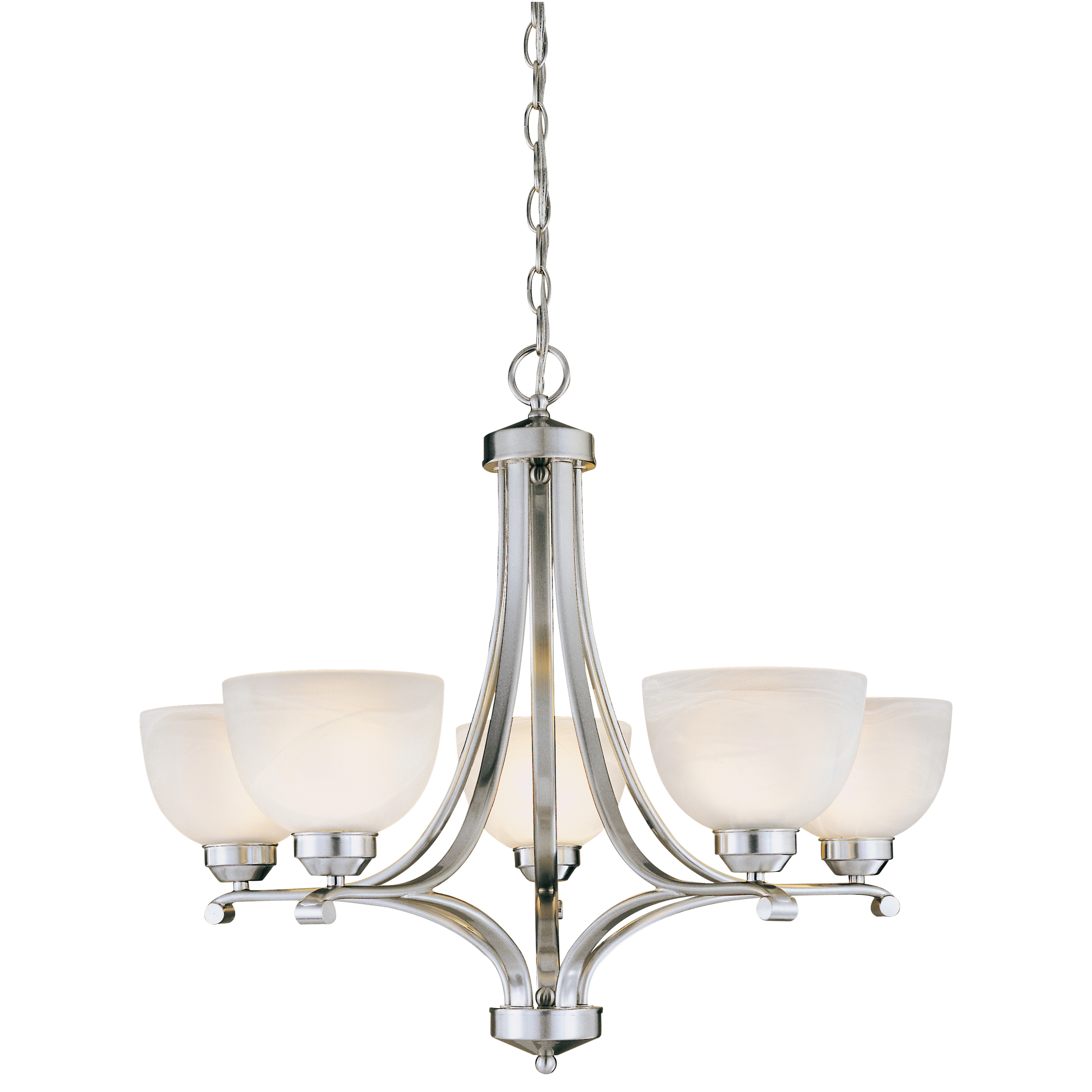 The Paradox 5-Light Chandelier combines classic elegance with contemporary simplicity. Its brushed nickel finish and etched marble glass shades create a sophisticated look that works in both traditional and modern spaces.