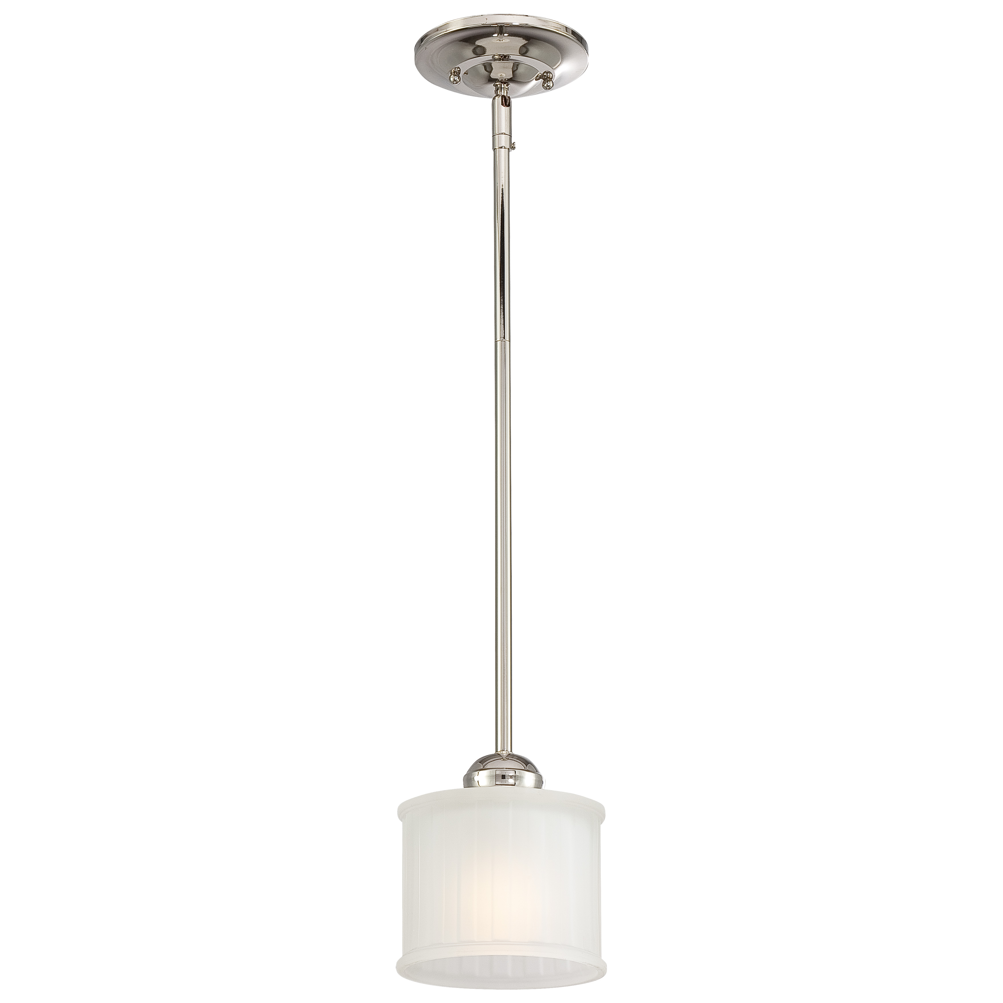 This compact pendant combines polished nickel hardware with distinctive etched box-pleat glass for refined illumination. Perfect for task lighting or creating visual interest in smaller spaces.