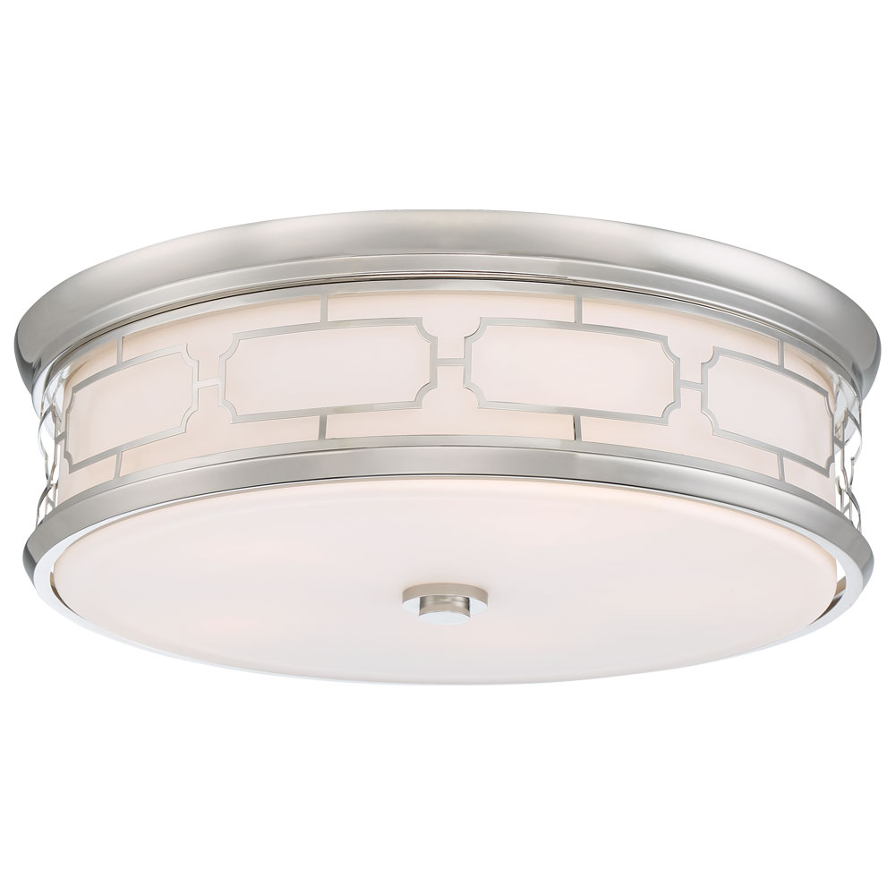 This transitional flush mount combines polished nickel finish with etched white glass for sophisticated ambient lighting. High CRI of 94 ensures excellent color rendering, while dimmable LED technology provides energy efficiency.