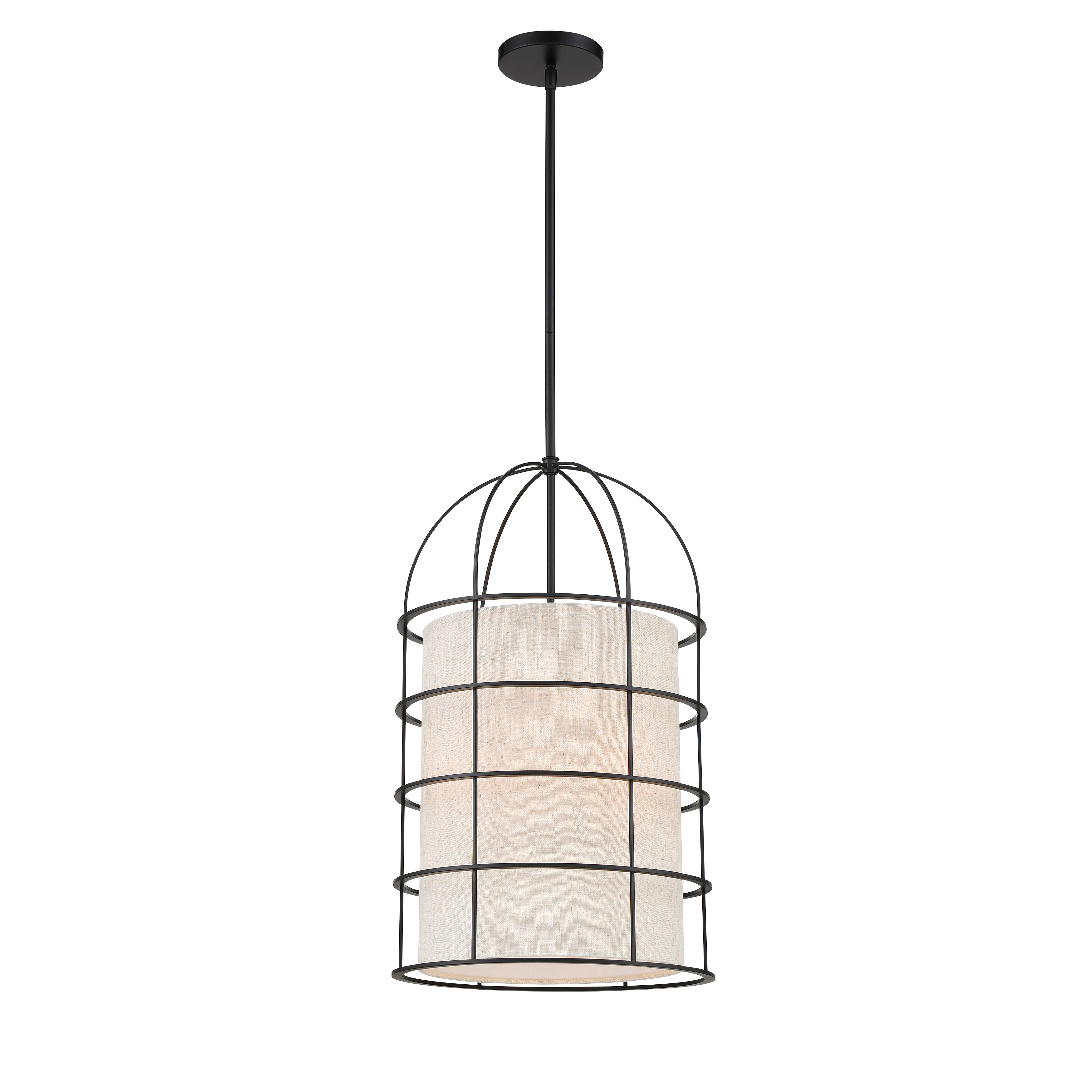 The Gateway Park pendant combines industrial steel construction with a soft oatmeal fabric shade, creating a balanced transitional look. Its compact 14-inch width makes it perfect for smaller dining areas and kitchen islands.