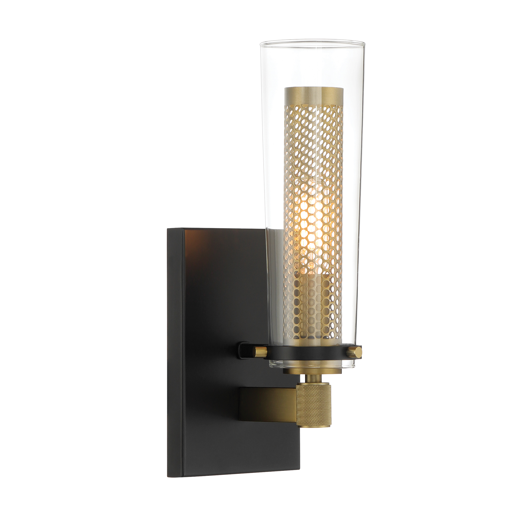 The Emmerham wall sconce combines coal black steel with soft brass accents for a sophisticated modern look. Its compact 12-inch profile and glass shade make it ideal for bathrooms, hallways, and intimate spaces.