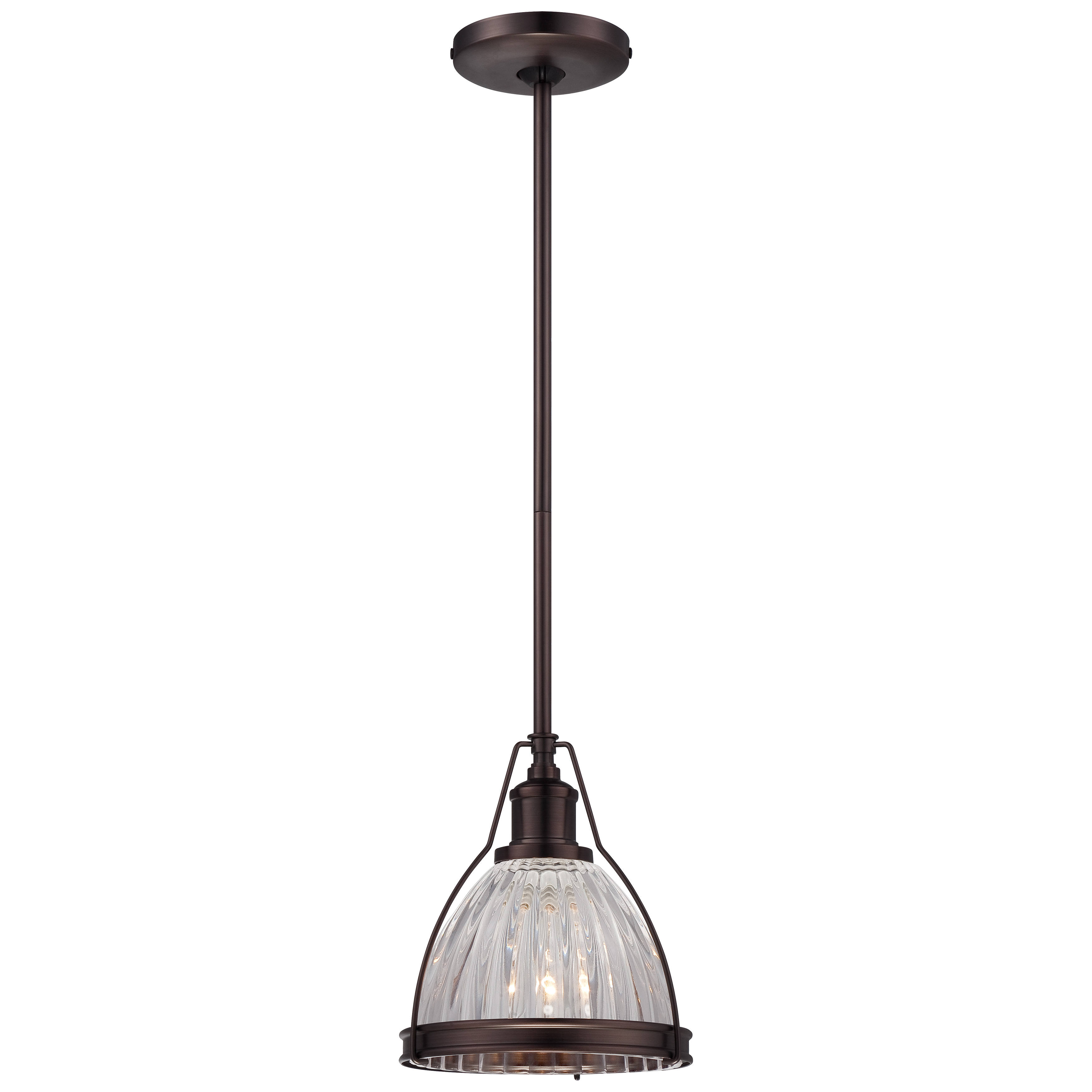 This small-scale pendant combines dark brushed bronze metalwork with ribbed clear glass for versatile transitional appeal. Perfect for multiples over islands or as accent lighting in compact spaces.