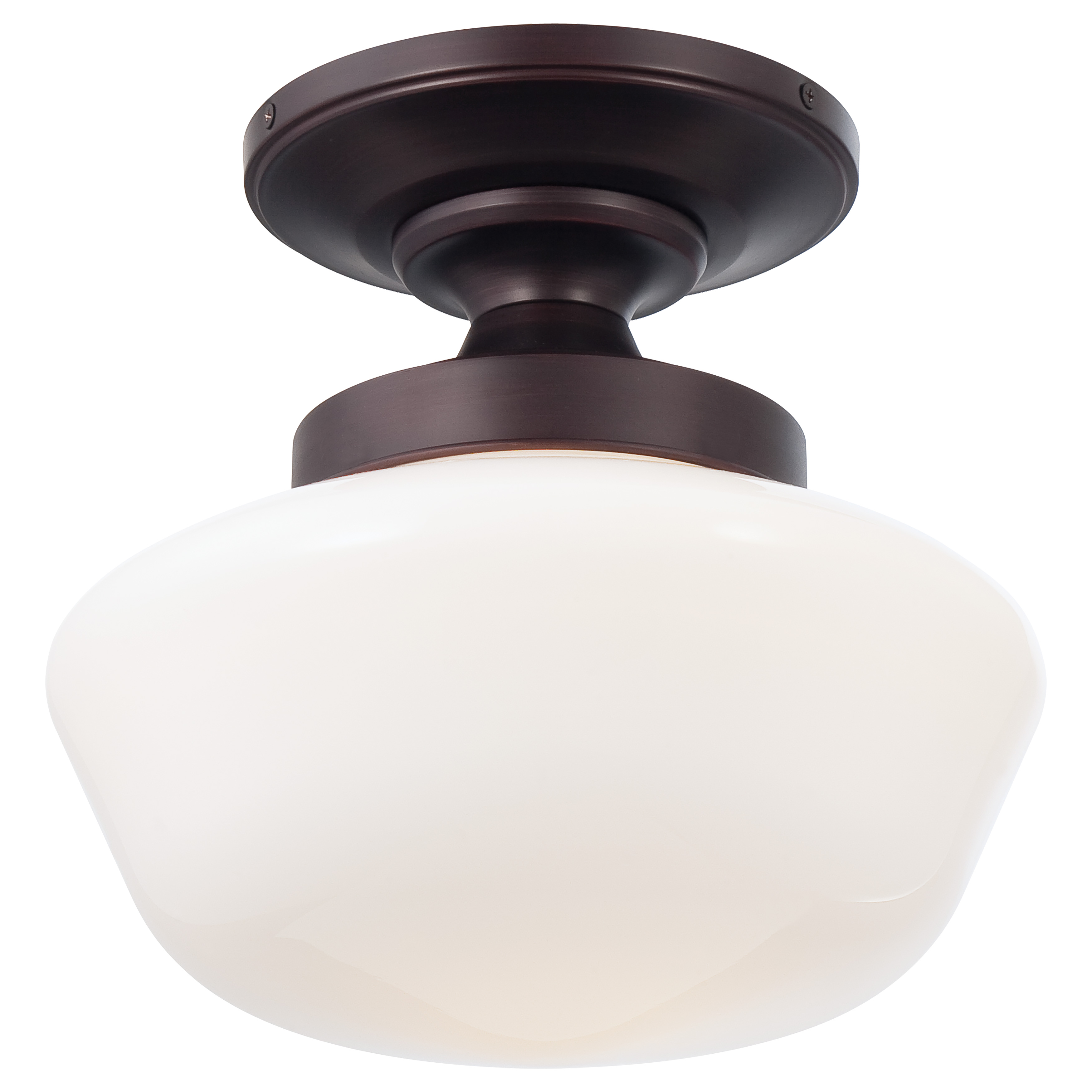 This compact semi-flush mount combines timeless schoolhouse design with a warm brushed bronze finish. The opal glass shade provides soft, diffused lighting ideal for smaller spaces with standard ceiling heights.