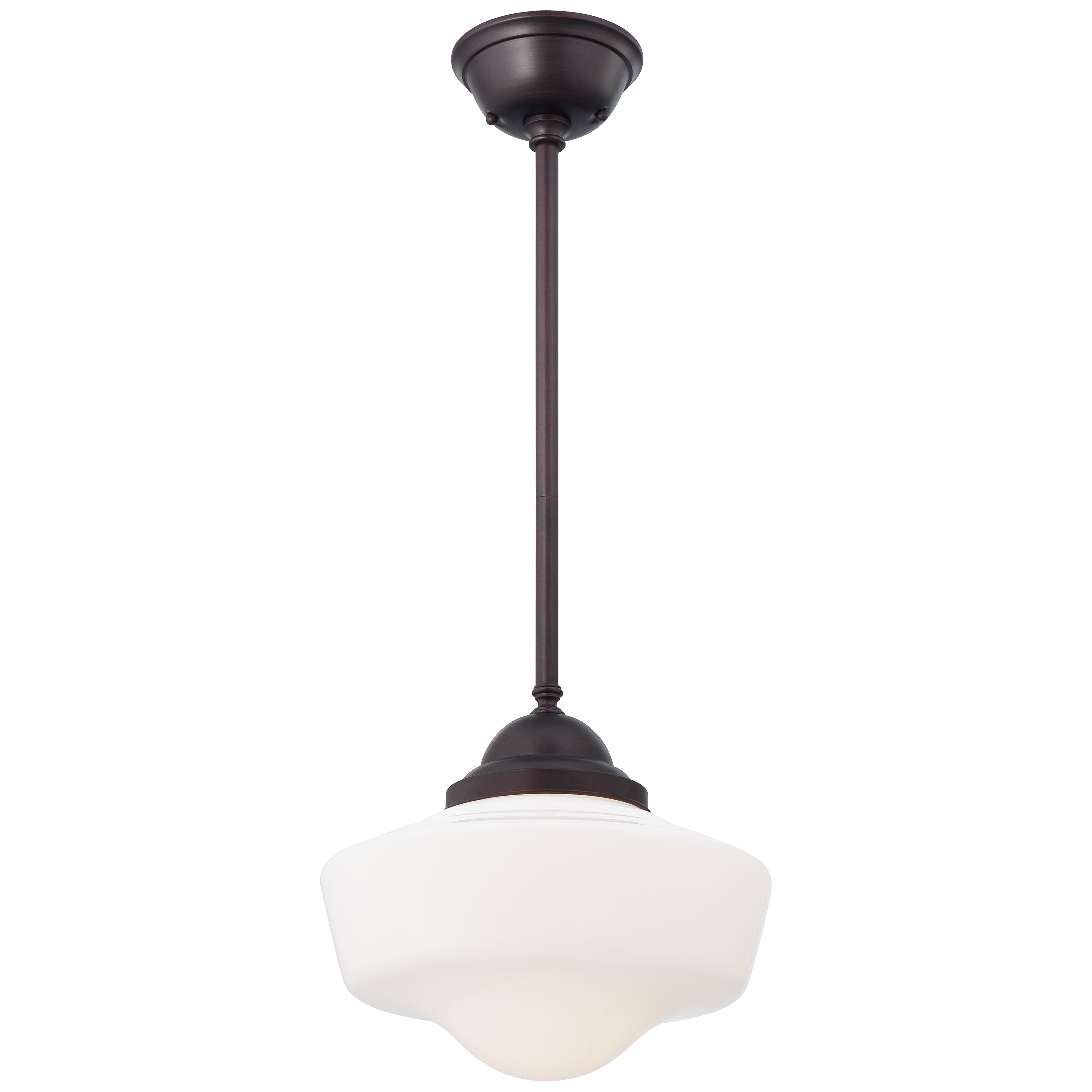 This timeless schoolhouse pendant combines traditional opal glass with a brushed bronze finish, offering versatile lighting for kitchens, hallways, and utility spaces. The 13.75-inch shade provides ample illumination while maintaining a compact footprint.
