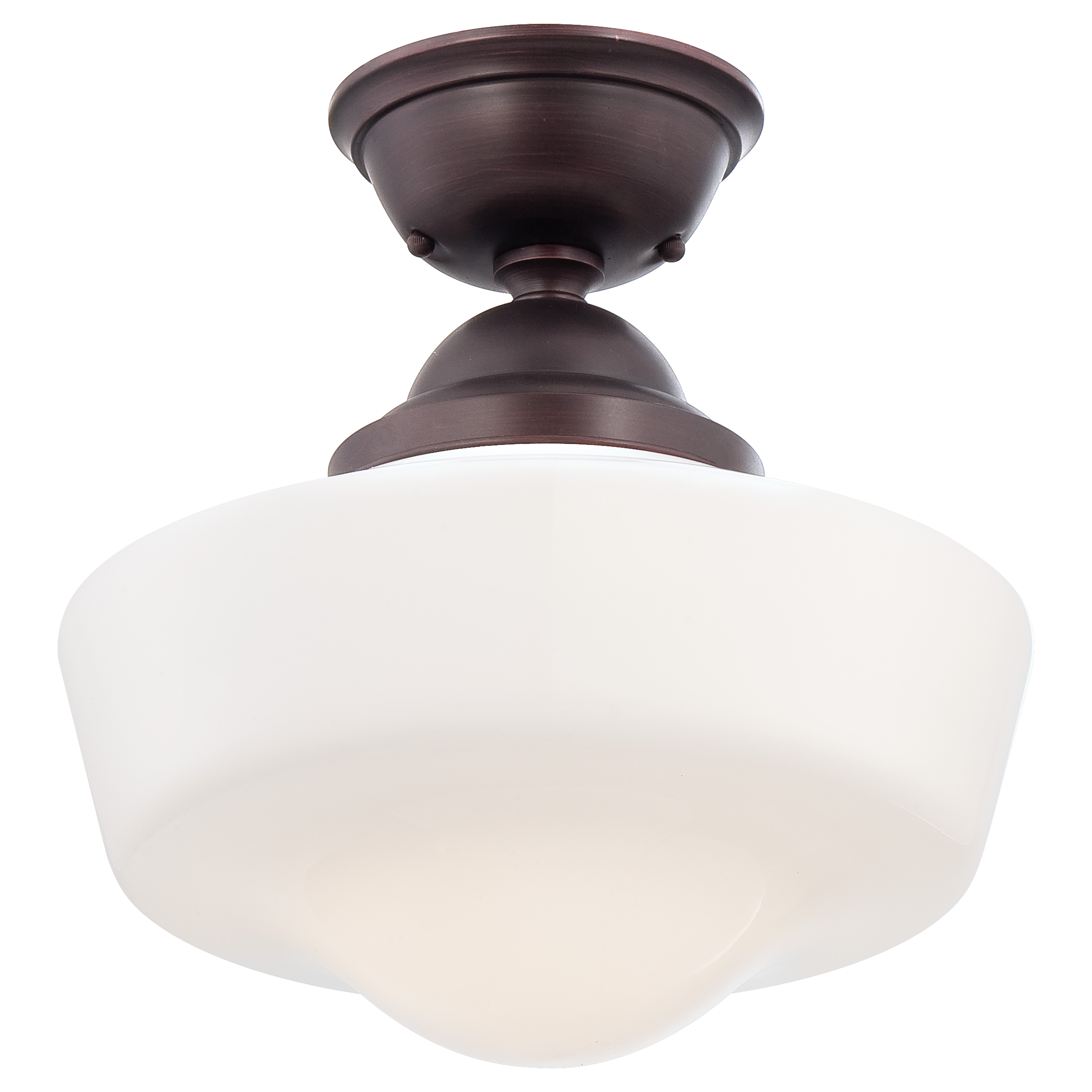 This versatile semi-flush mount combines traditional warmth with contemporary simplicity. The brushed bronze finish and opal glass shade provide soft, diffused lighting ideal for rooms with standard ceiling heights.