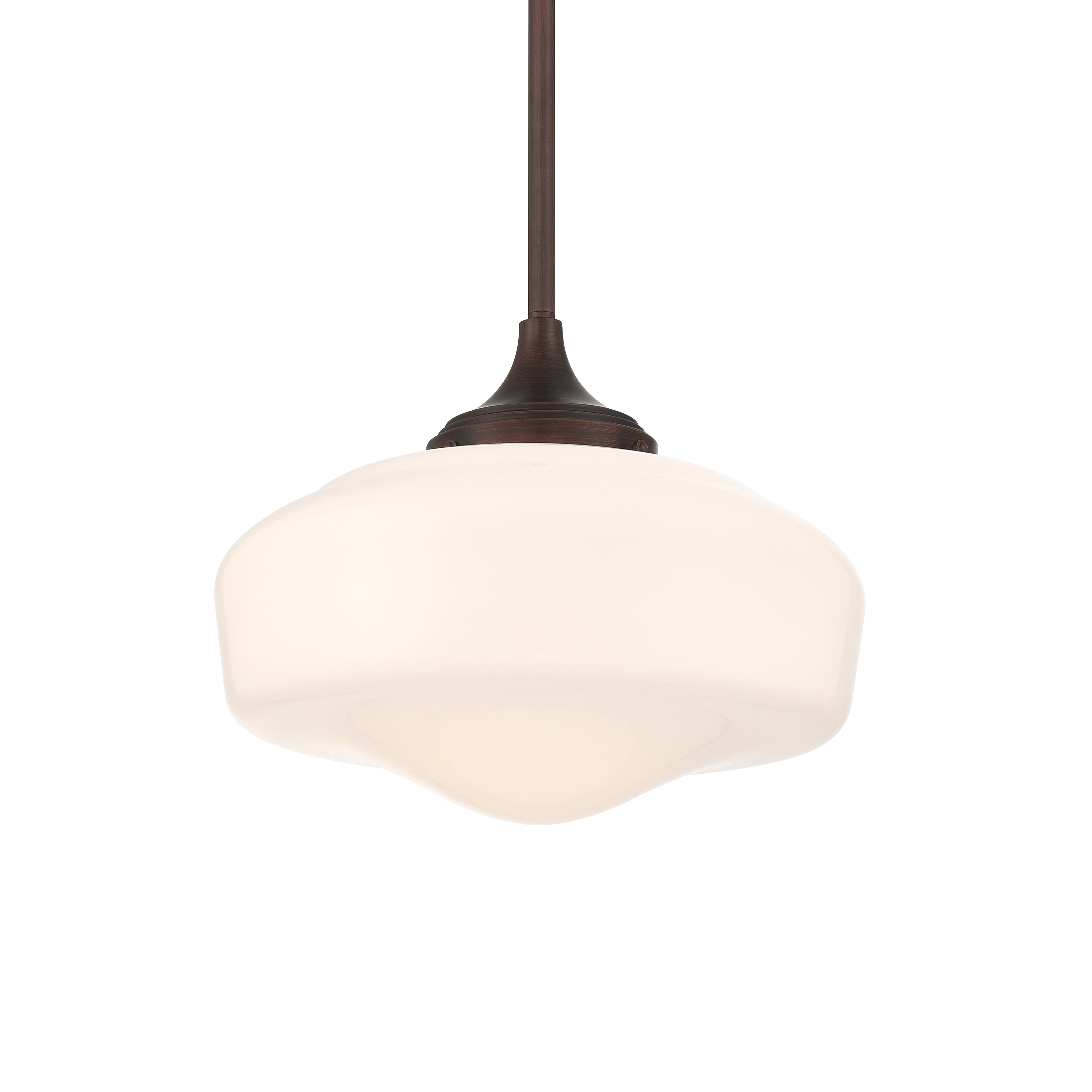 This timeless pendant combines traditional schoolhouse styling with a brushed bronze finish and opal glass shade. Perfect for adding vintage charm to kitchens, hallways, or breakfast nooks with its compact 17-inch size.