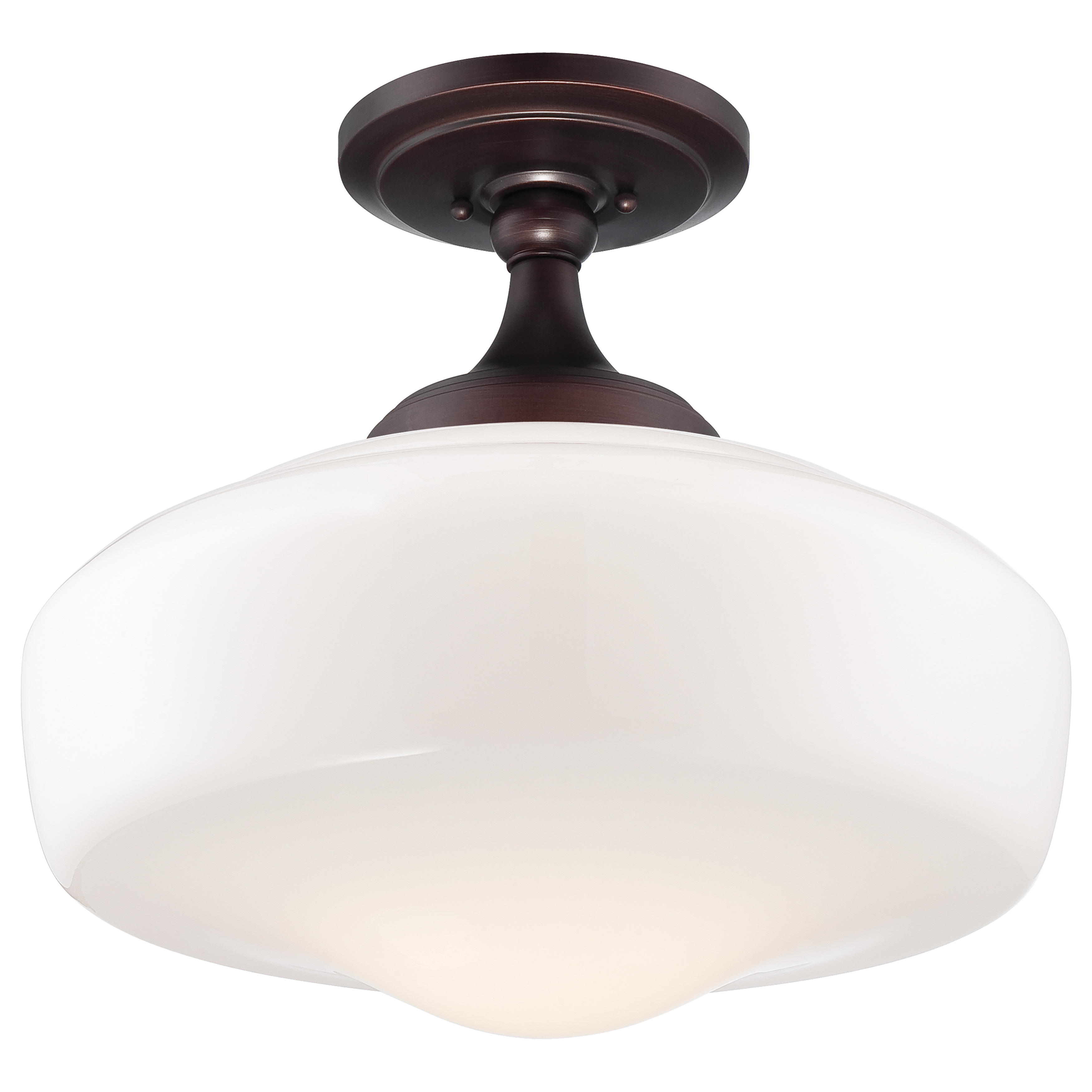 This semi-flush mount combines timeless schoolhouse styling with a warm brushed bronze finish. The opal glass shade provides soft, diffused lighting ideal for smaller spaces with standard ceiling heights.