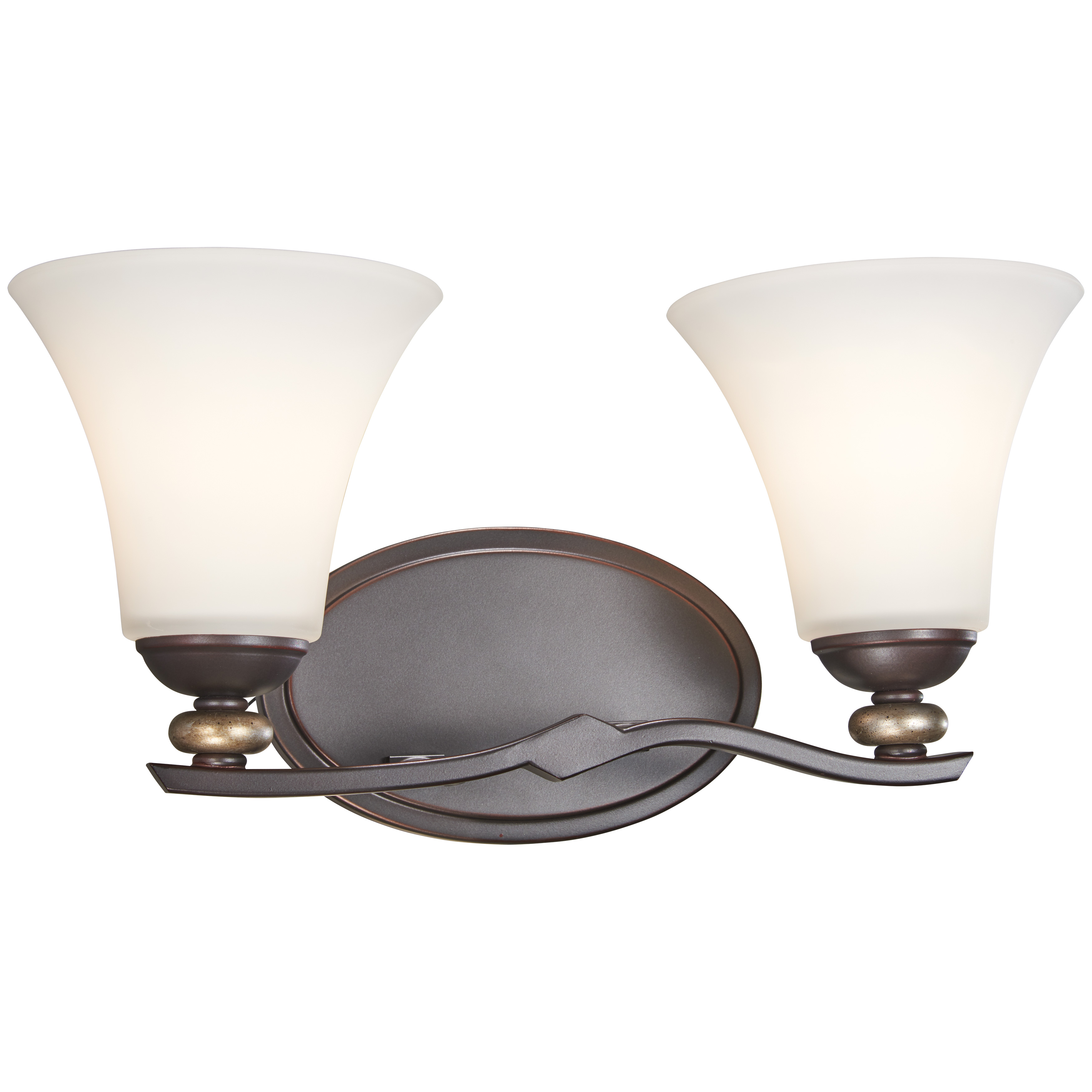 The Shadowglen 2-Light Bath brings traditional elegance to bathroom vanities with its Lathan Bronze finish enhanced by gold highlights. Etched white glass shades provide soft, even illumination perfect for grooming tasks.