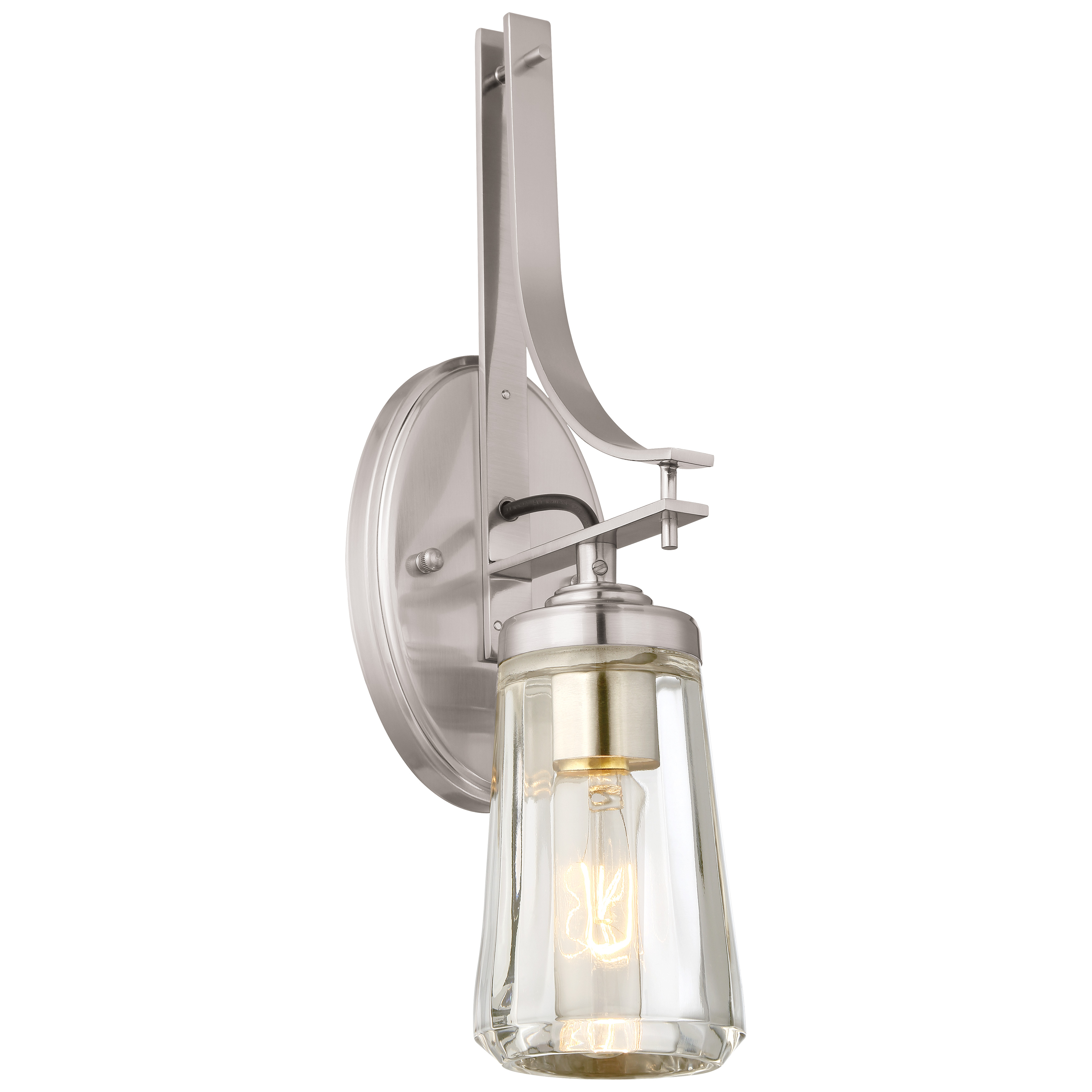 The Poleis bath sconce combines clean lines with classic materials, featuring a brushed nickel finish and clear glass shade. Its compact 5.5-inch width makes it ideal for flanking mirrors in bathrooms of any size.