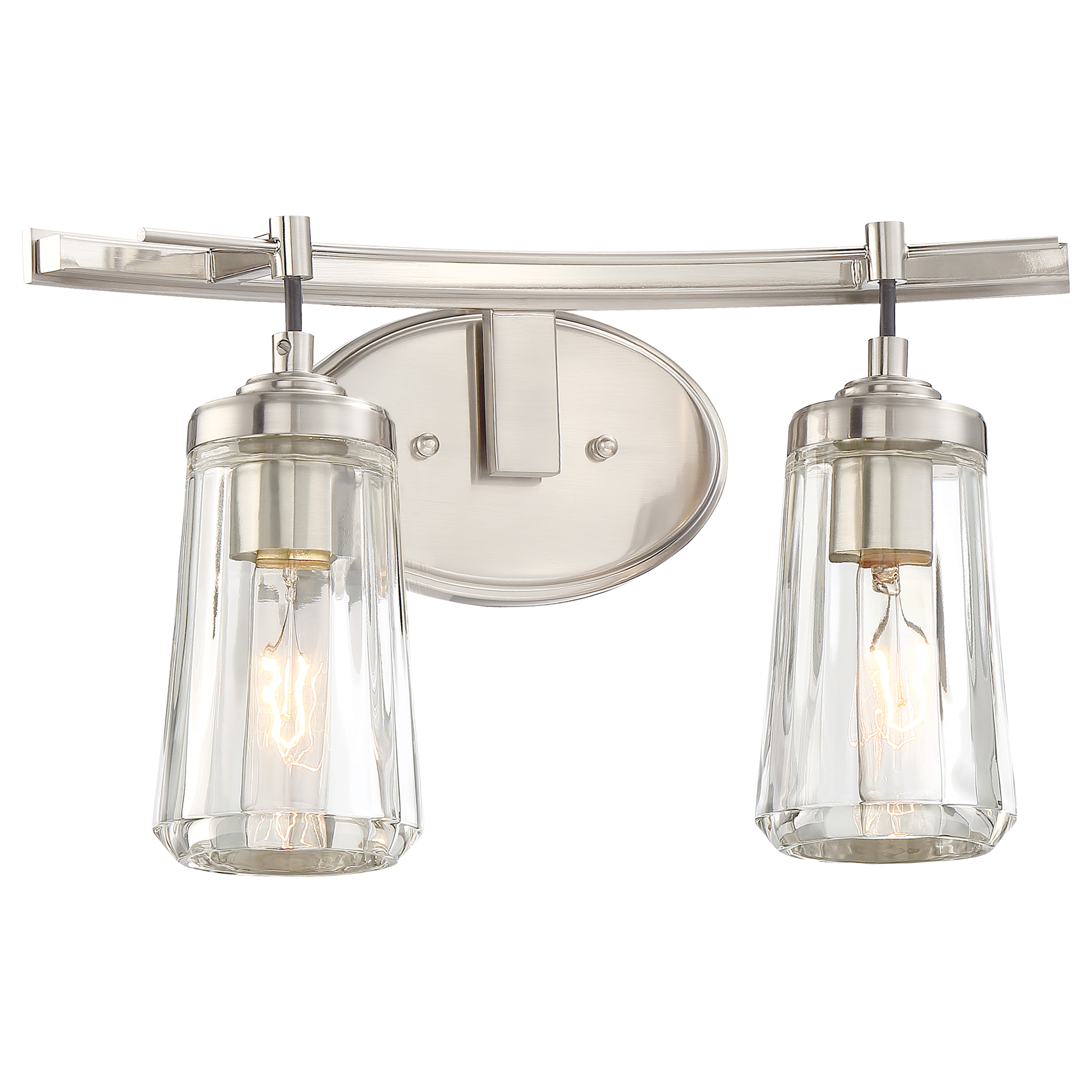 The Poleis 2-Light Bath fixture combines clean lines with traditional elegance, featuring a brushed nickel finish and clear glass shades. Perfect for smaller bathrooms and powder rooms, this compact 16-inch fixture provides excellent task lighting while maintaining a refined aesthetic.