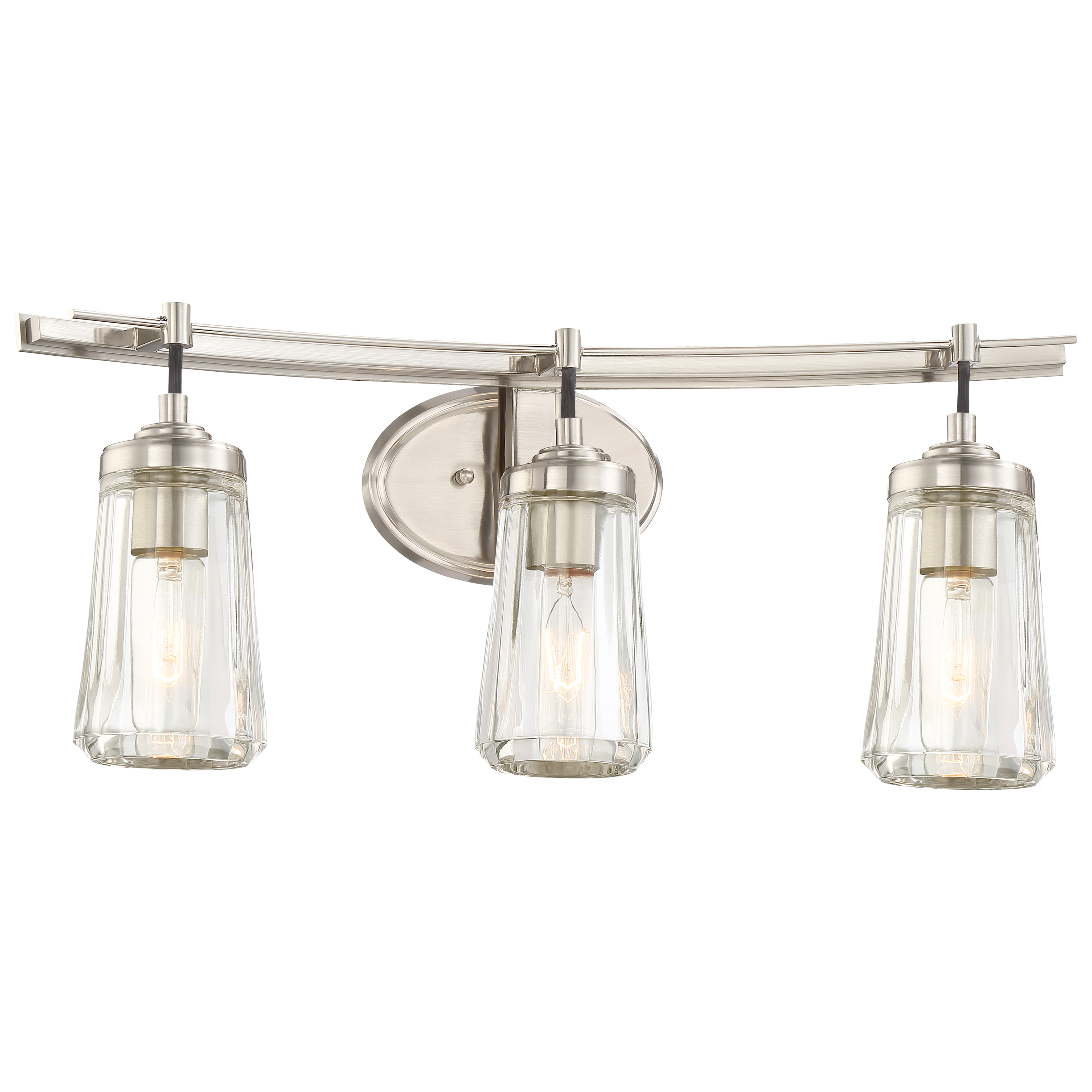 The Poleis 3-Light Bath fixture delivers versatile transitional style with a brushed nickel finish and clear glass shades. At 24 inches wide, it's perfectly sized for medium vanities and provides excellent task lighting.