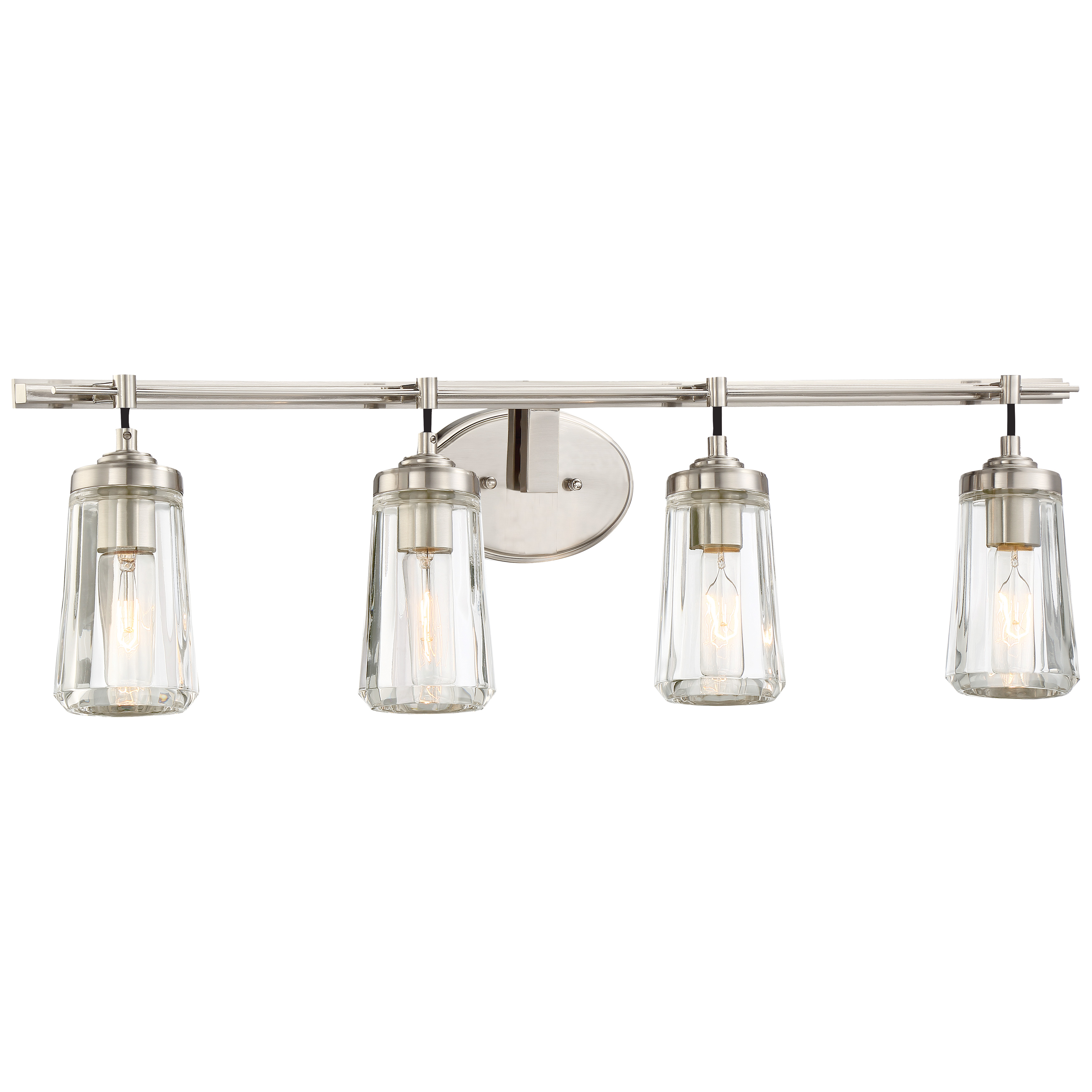 The Poleis 4-Light Bath fixture combines transitional styling with practical illumination. Its 32-inch width and clear glass shades provide excellent task lighting for medium to large vanities, while the brushed nickel finish complements a wide range of bathroom decors.
