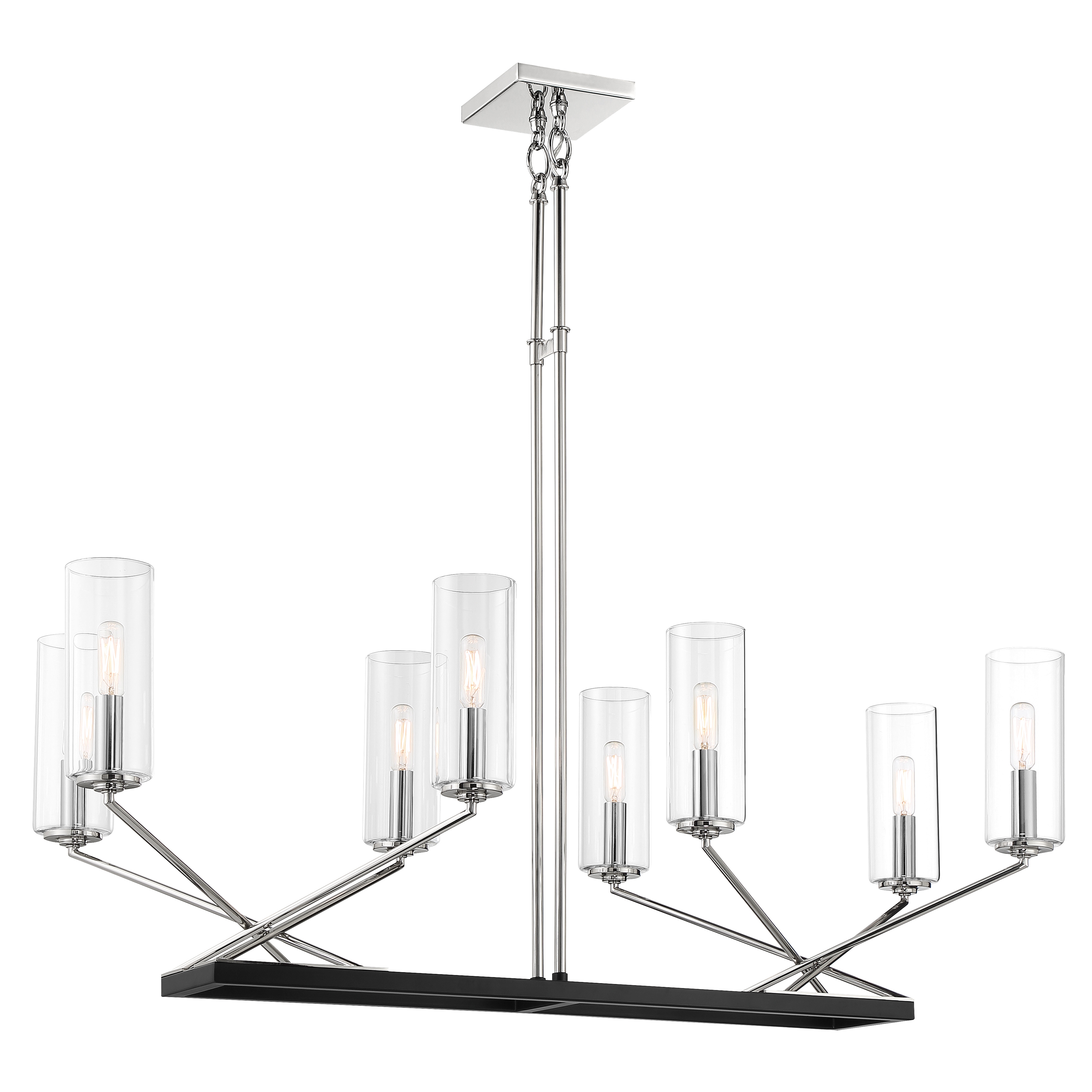 The Highland Crossing brings contemporary elegance to kitchen islands with its 8-light linear design. The polished nickel and coal two-tone finish creates visual interest, while clear glass shades provide bright, functional illumination.