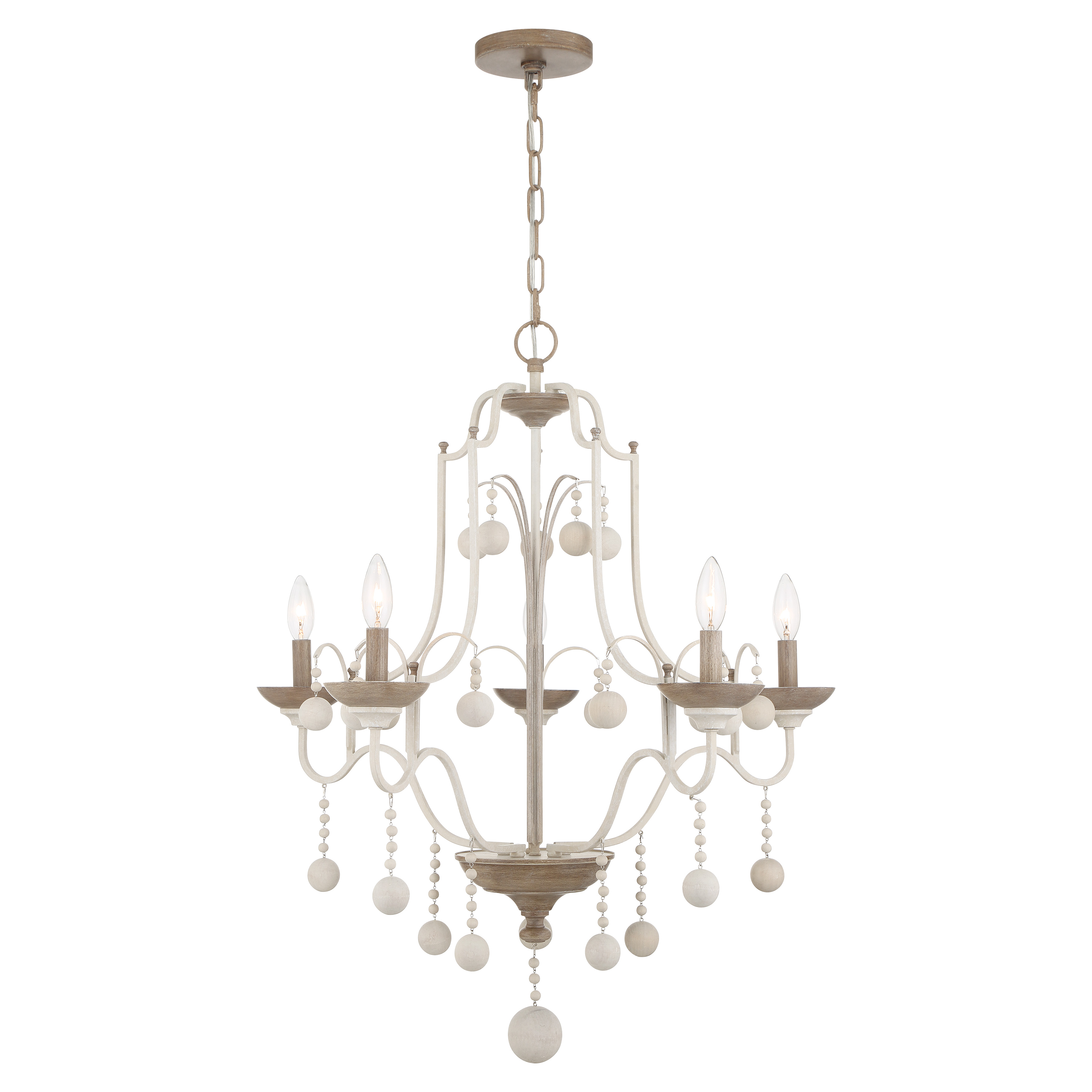The Colonial Charm chandelier brings rustic sophistication with its white wash finish and sun-dried clay accents. Five candelabra lights create warm ambiance, while solid wood and steel construction ensure lasting quality.