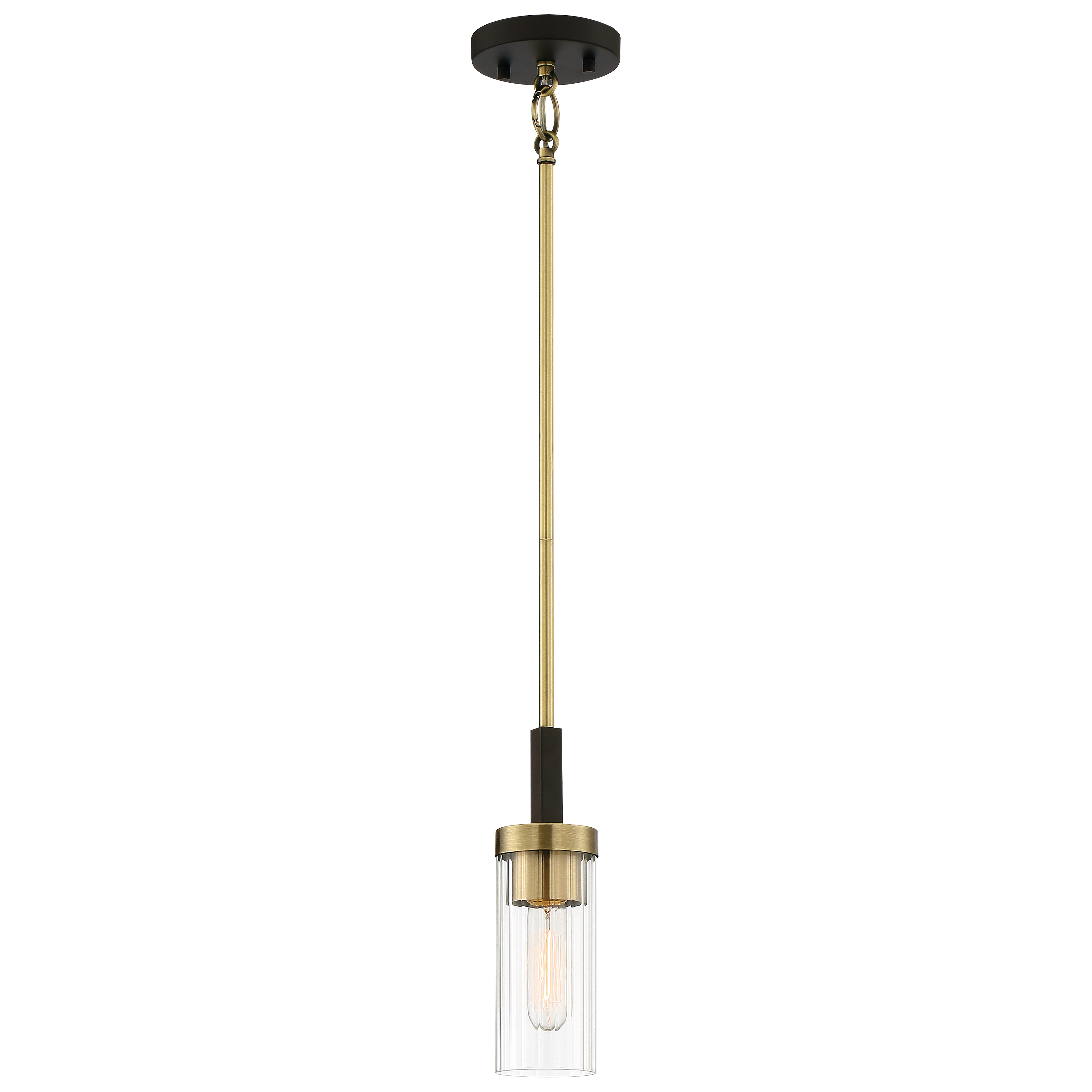 The Ainsley Court mini pendant combines aged bronze with brushed brass highlights and clear ribbed glass for a refined transitional look. Its compact 3.25" diameter makes it ideal for smaller spaces or grouped installations.
