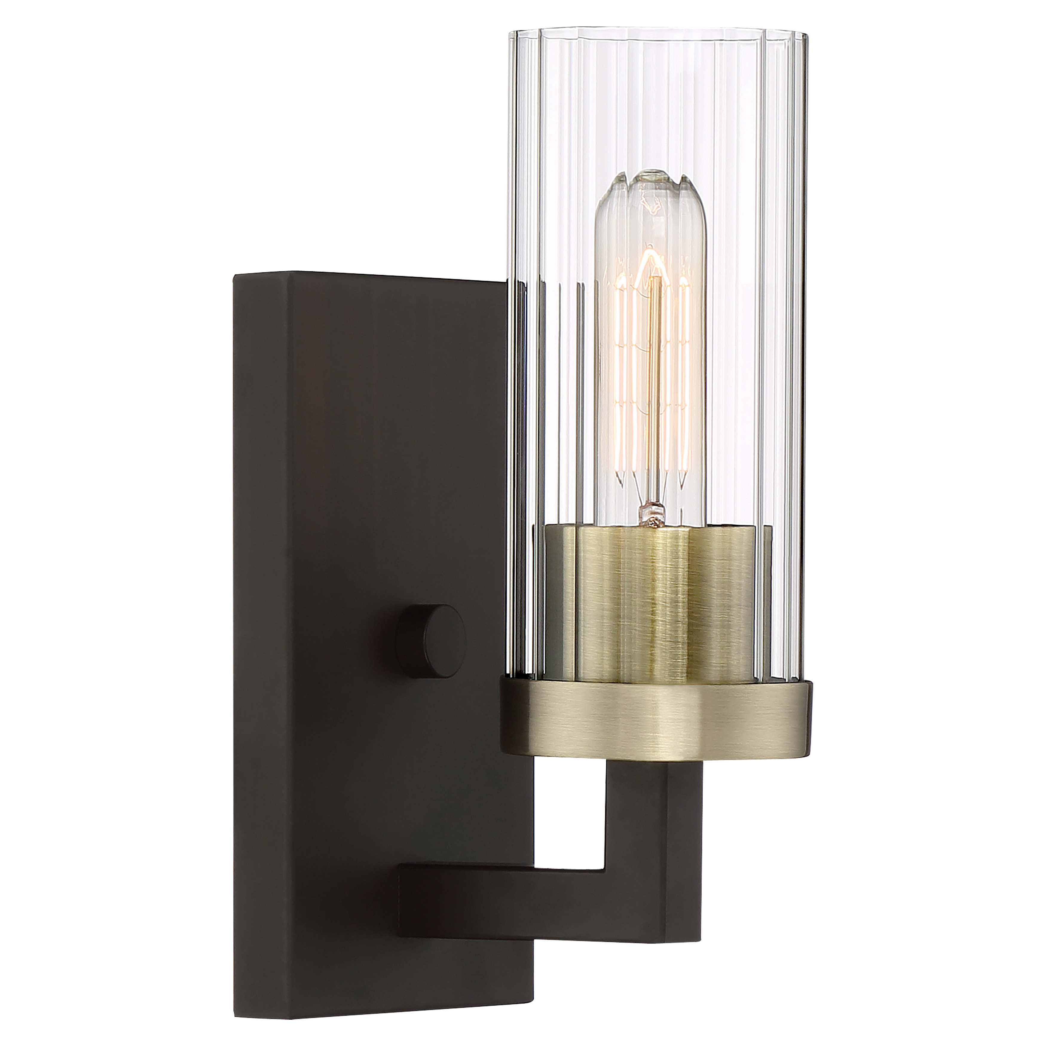 The Ainsley Court bath vanity combines aged bronze with brushed brass highlights for sophisticated warmth. Its compact 4.5-inch width makes it ideal for smaller bathrooms while the clear glass shade provides excellent task lighting.