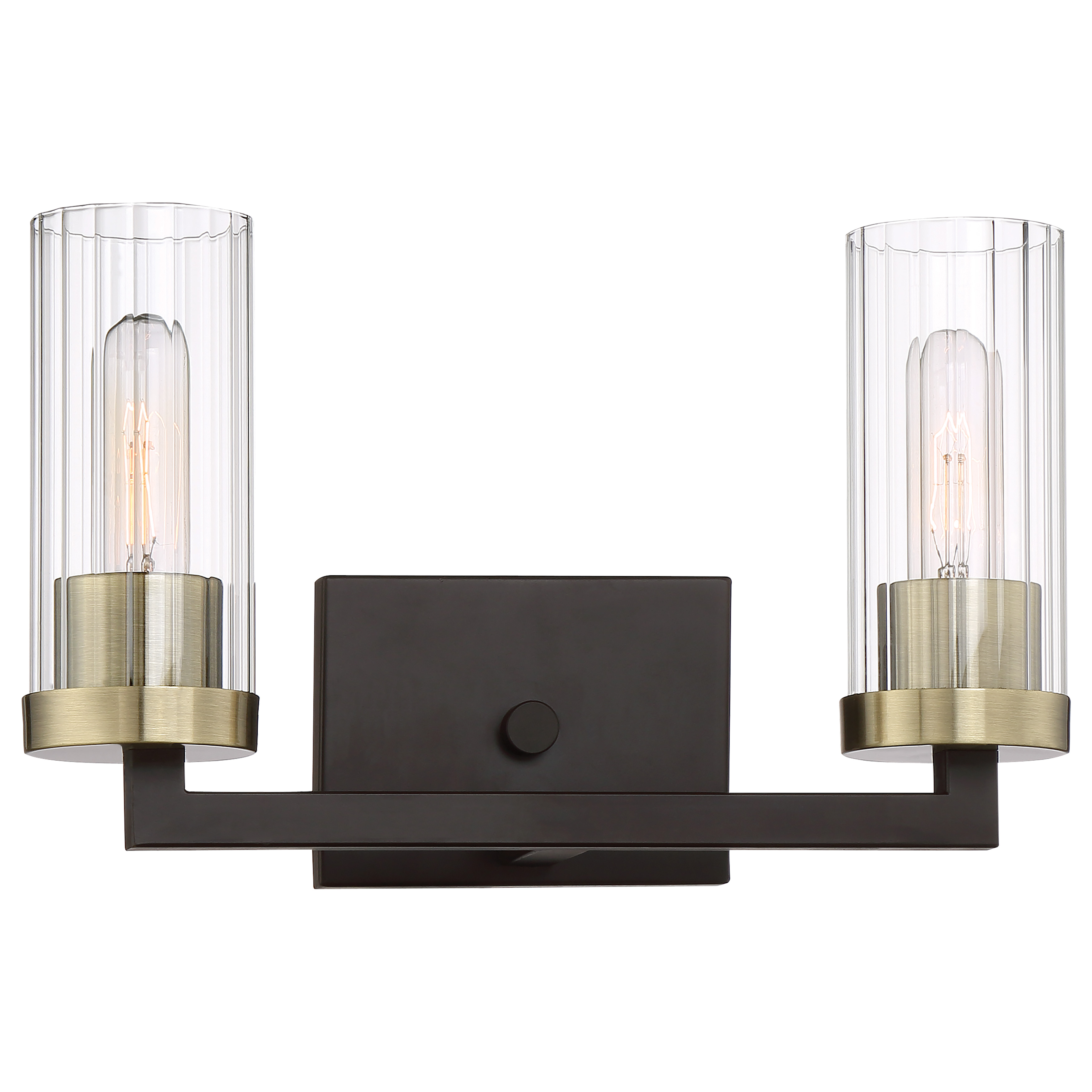 The Ainsley Court 2-Light Bath Vanity combines aged bronze with brushed brass highlights for a sophisticated transitional look. Compact 15-inch width fits most vanities while providing ample illumination.