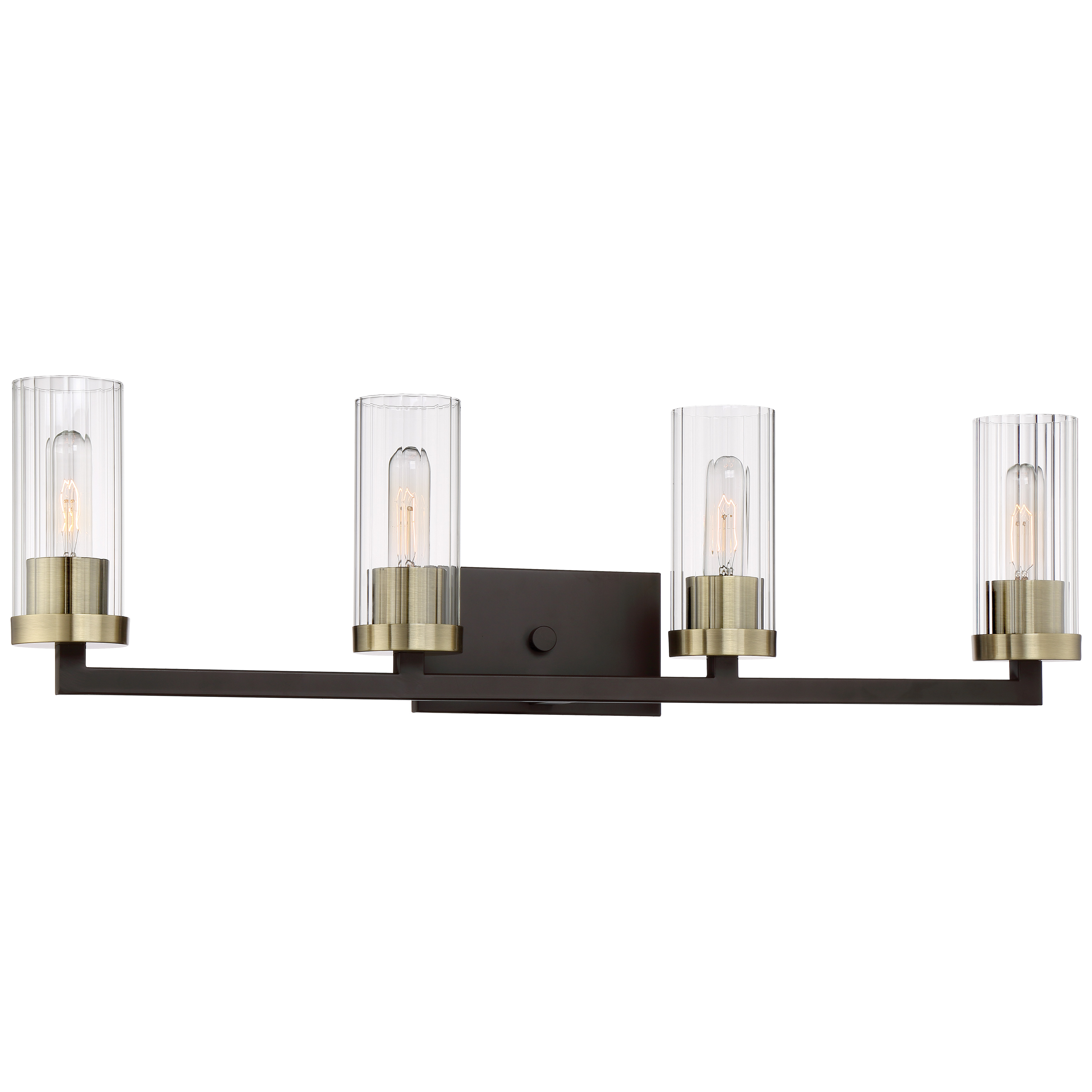 The Ainsley Court 4-Light Bath Vanity combines aged bronze with brushed brass highlights for sophisticated bathroom illumination. Its 32.75-inch width provides ample lighting for double vanities while the transitional design bridges traditional and contemporary styles.