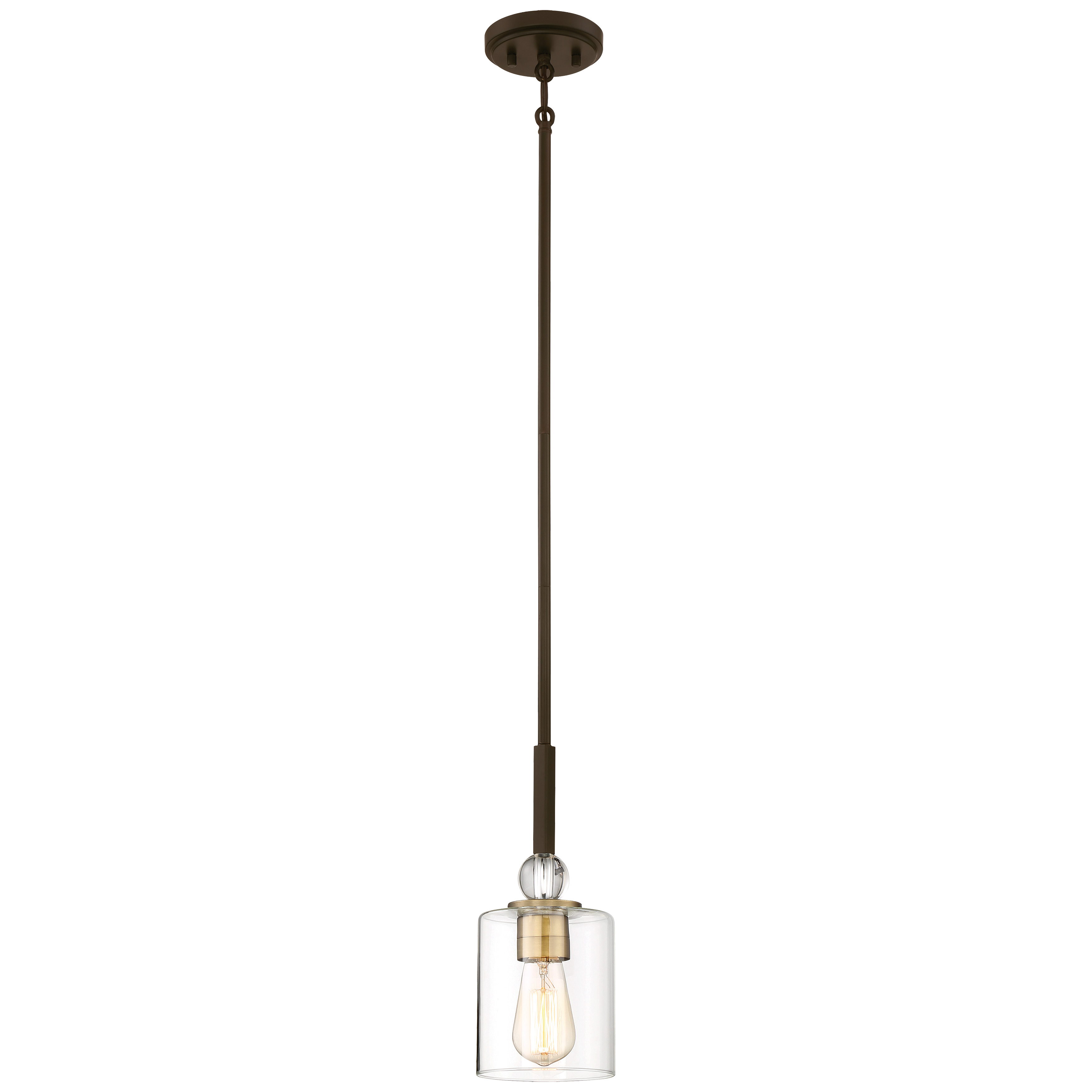 The Studio 5 mini pendant combines painted bronze with brushed brass accents for a sophisticated transitional look. Its compact 5-inch diameter makes it ideal for smaller spaces or clustered installations over kitchen islands.