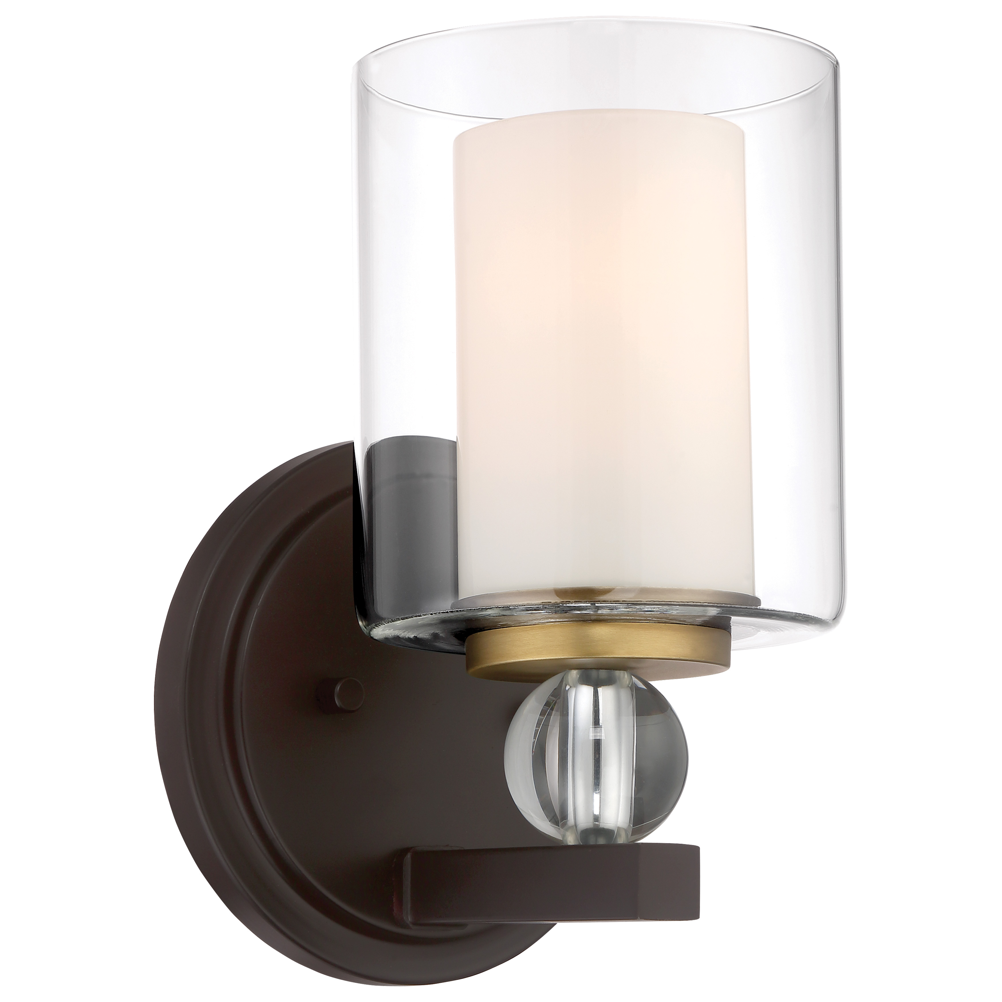 The Studio 5 bath light combines painted bronze with brushed brass accents for sophisticated visual interest. Its dual-layer glass design—clear outer with etched white inner—provides both ambient glow and focused task lighting ideal for vanity applications.