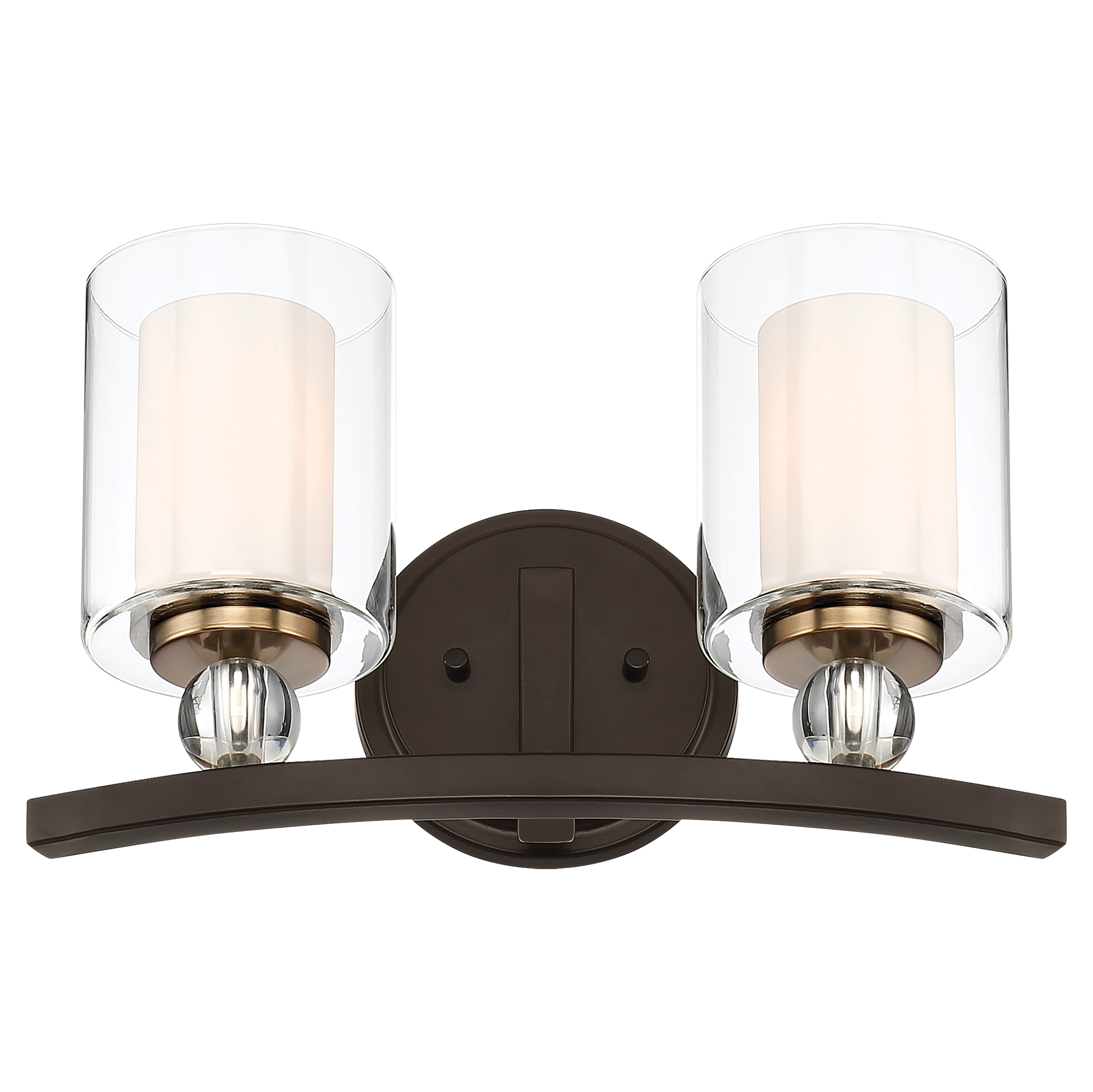 The Studio 5 combines painted bronze and brushed brass finishes with dual-layer glass shades for sophisticated bathroom lighting. Its compact 15.5-inch width fits standard vanity spaces while providing ample illumination.
