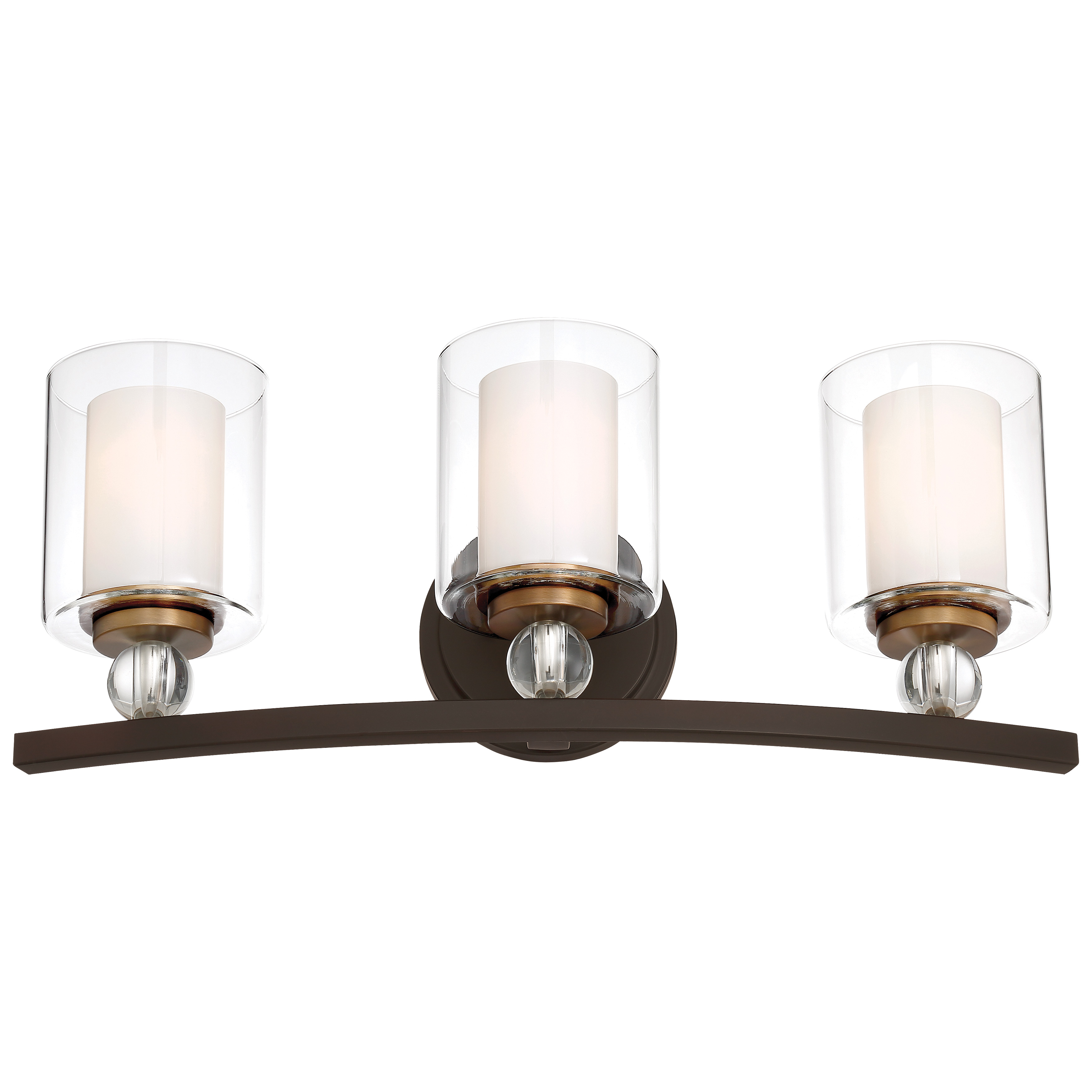 The Studio 5 3-Light Bath Vanity combines painted bronze with brushed brass accents for a refined transitional aesthetic. Clear glass shades with removable etched interiors offer lighting flexibility, while the 24-inch width provides ideal illumination for medium vanities.