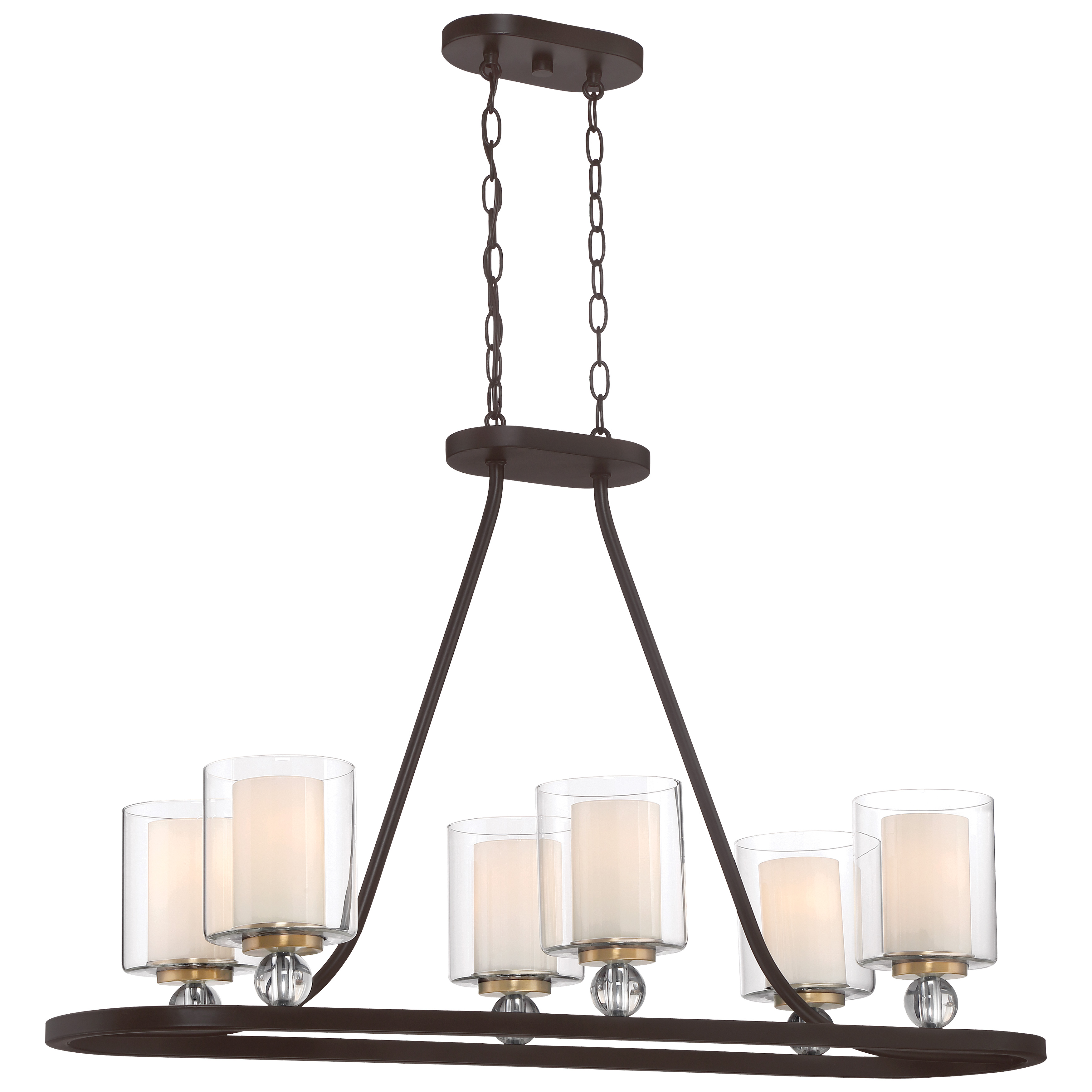The Studio 5 Island Light combines painted bronze with brushed brass accents for sophisticated transitional style. Five lights with dual glass shades provide excellent task lighting over kitchen islands or dining tables.
