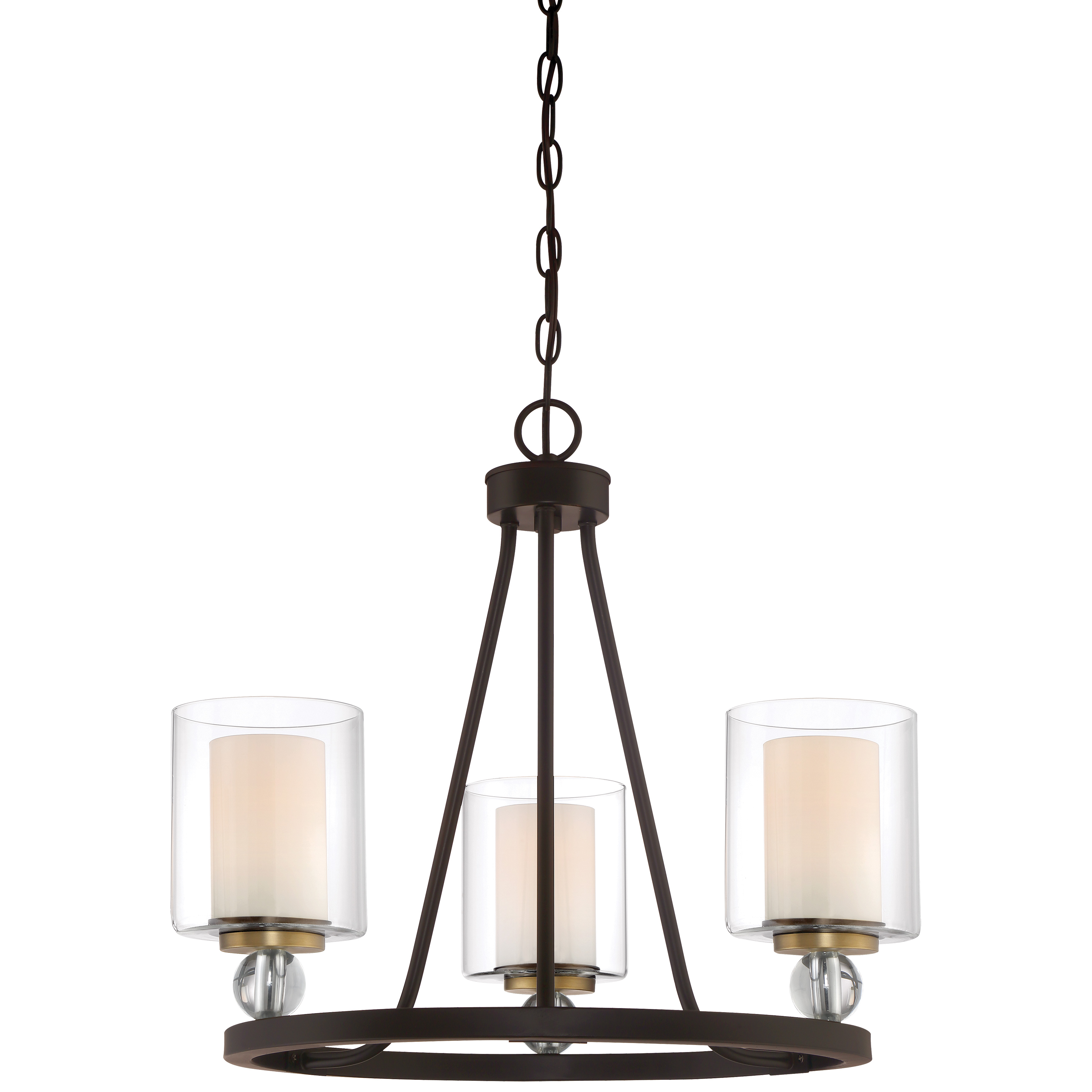 The Studio 5 mini chandelier combines painted bronze with brushed brass accents for a sophisticated transitional look. Three lights provide ample illumination while clear glass shades with etched interiors offer soft, diffused light.