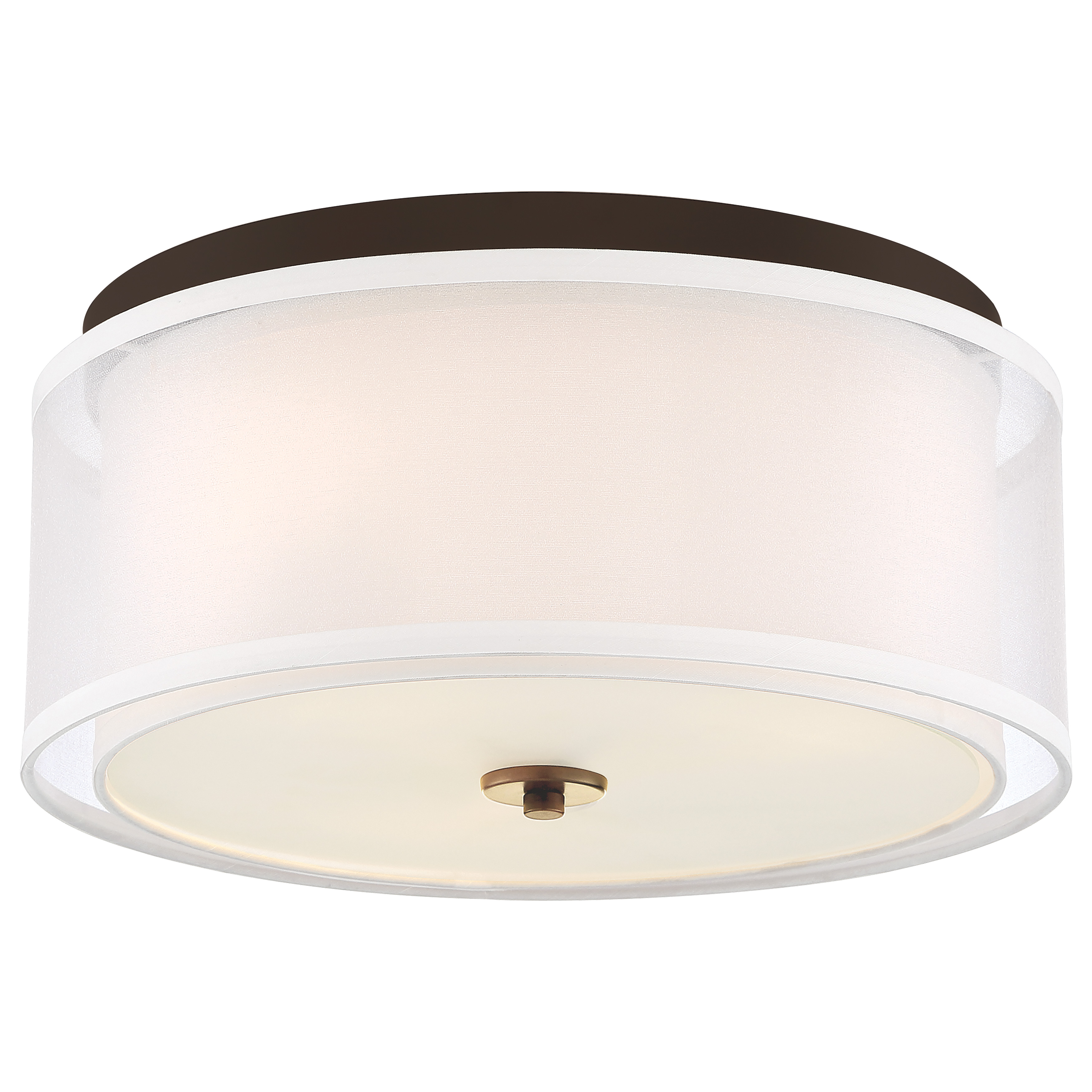 The Studio 5 flush mount combines painted bronze with brushed brass accents for a sophisticated look. Its compact 16-inch profile and fabric shade provide warm, diffused lighting ideal for smaller spaces with standard ceiling heights.