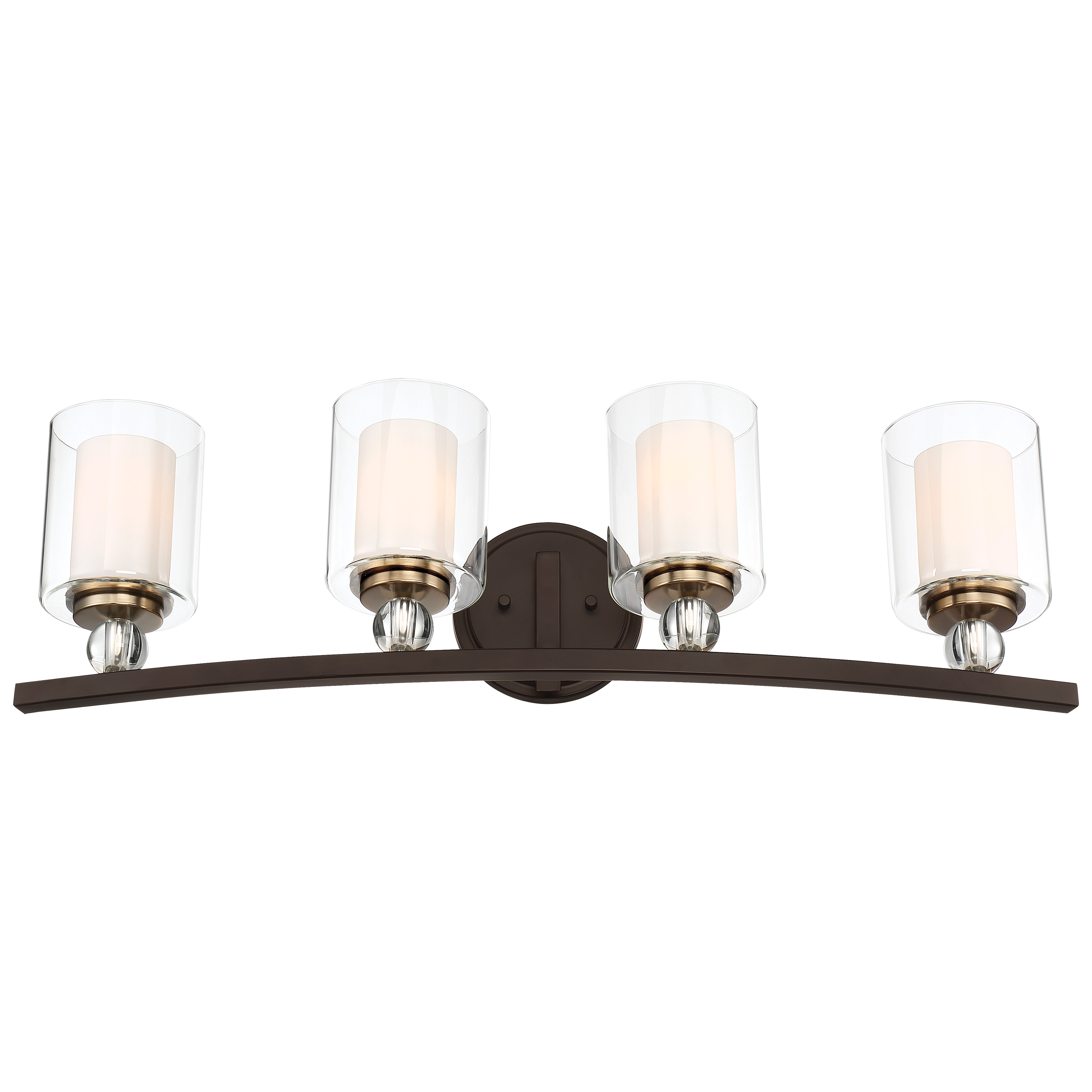 The Studio 5 combines painted bronze with brushed brass accents for a refined transitional aesthetic. Four lights provide excellent illumination across 33 inches, ideal for double vanities. Dual-layer glass shades offer adjustable ambiance.