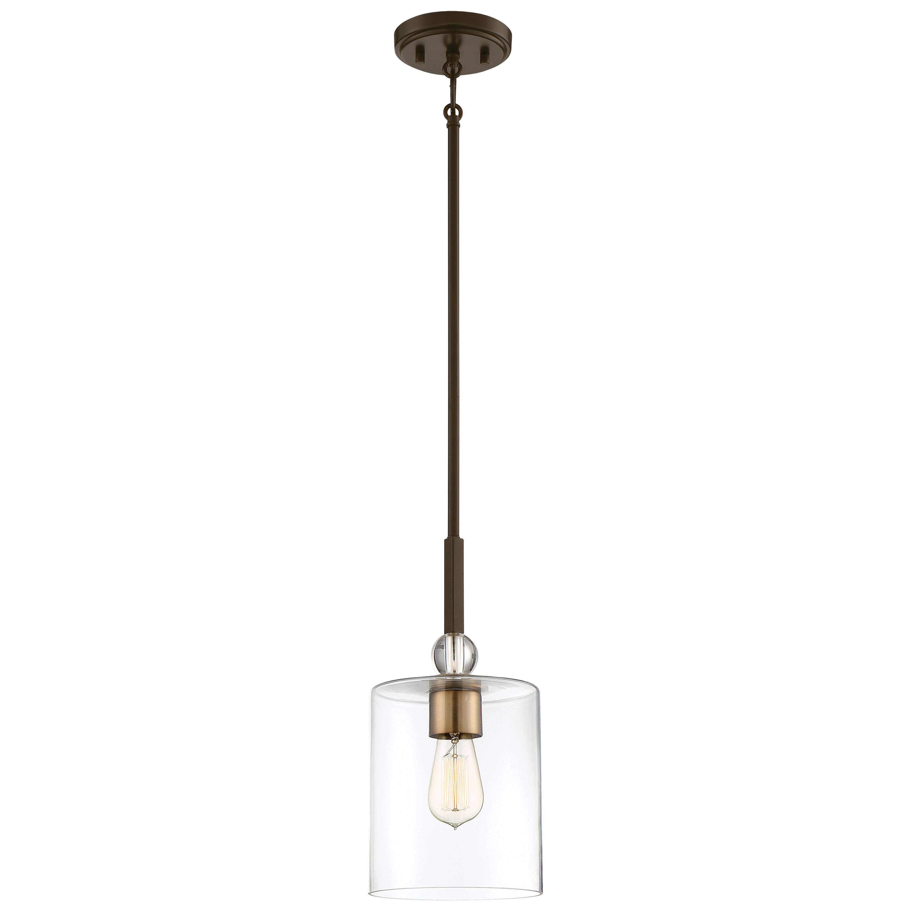 The Studio 5 mini pendant combines painted bronze with brushed brass accents for a sophisticated two-tone look. Its compact 7-inch diameter and clear glass shade make it ideal for task lighting or clustered installations.