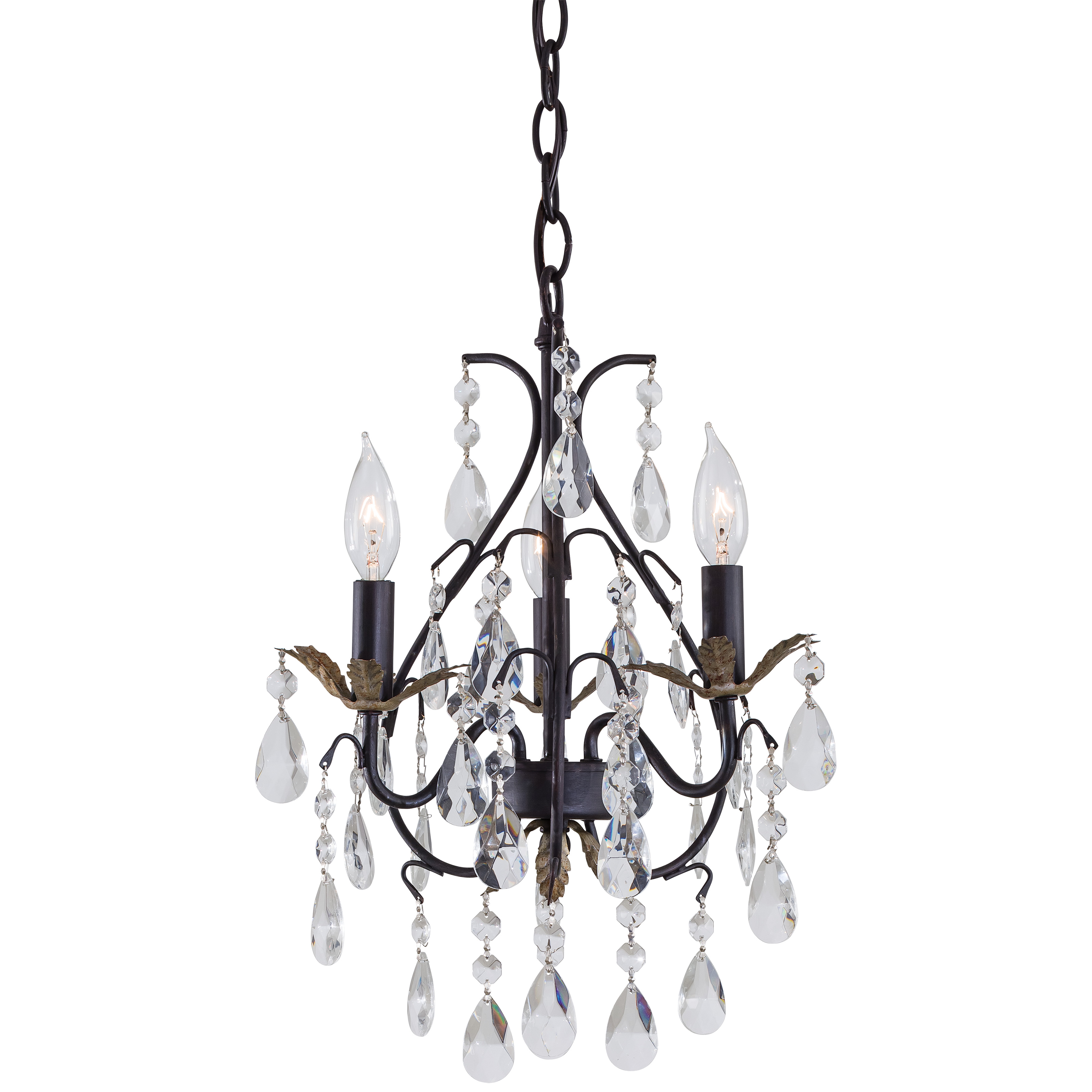 This charming 3-light mini chandelier combines rustic warmth with refined elegance through its distinctive Castlewood Walnut finish accented with silver highlights. Crystal and glass elements add sparkle while the compact 13.25-inch diameter makes it perfect for smaller dining spaces.