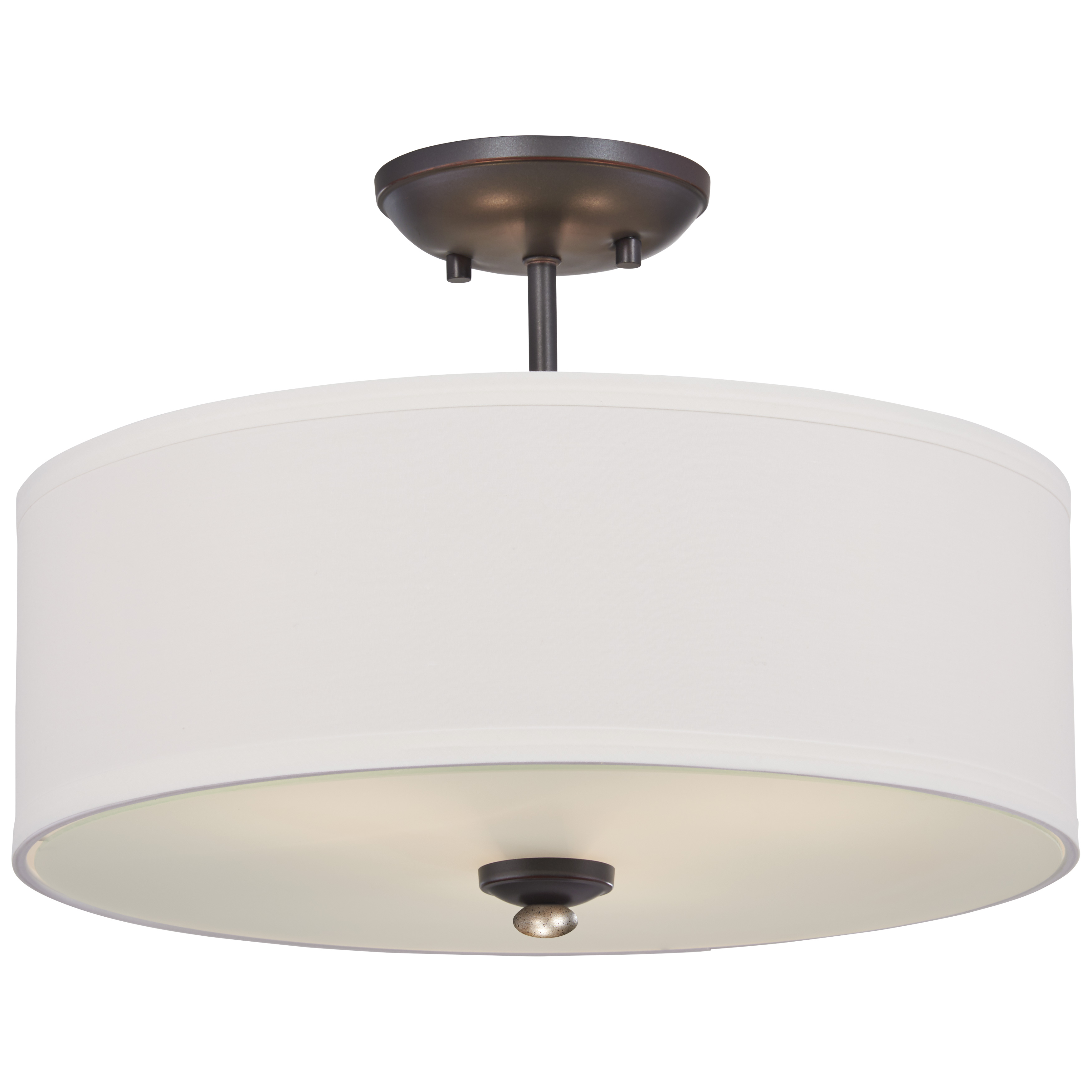 The Shadowglen semi-flush mount combines traditional bronze metalwork with contemporary fabric shading. Its compact 16-inch profile and warm gold highlights create inviting ambient light perfect for intimate spaces.