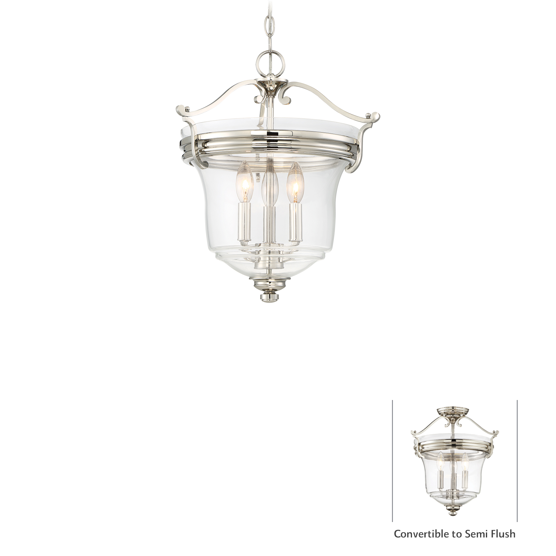 The Audrey's Point pendant combines polished nickel elegance with clear glass shades, offering flexible installation as either a pendant or semi-flush mount. Perfect for smaller dining spaces or kitchen islands.
