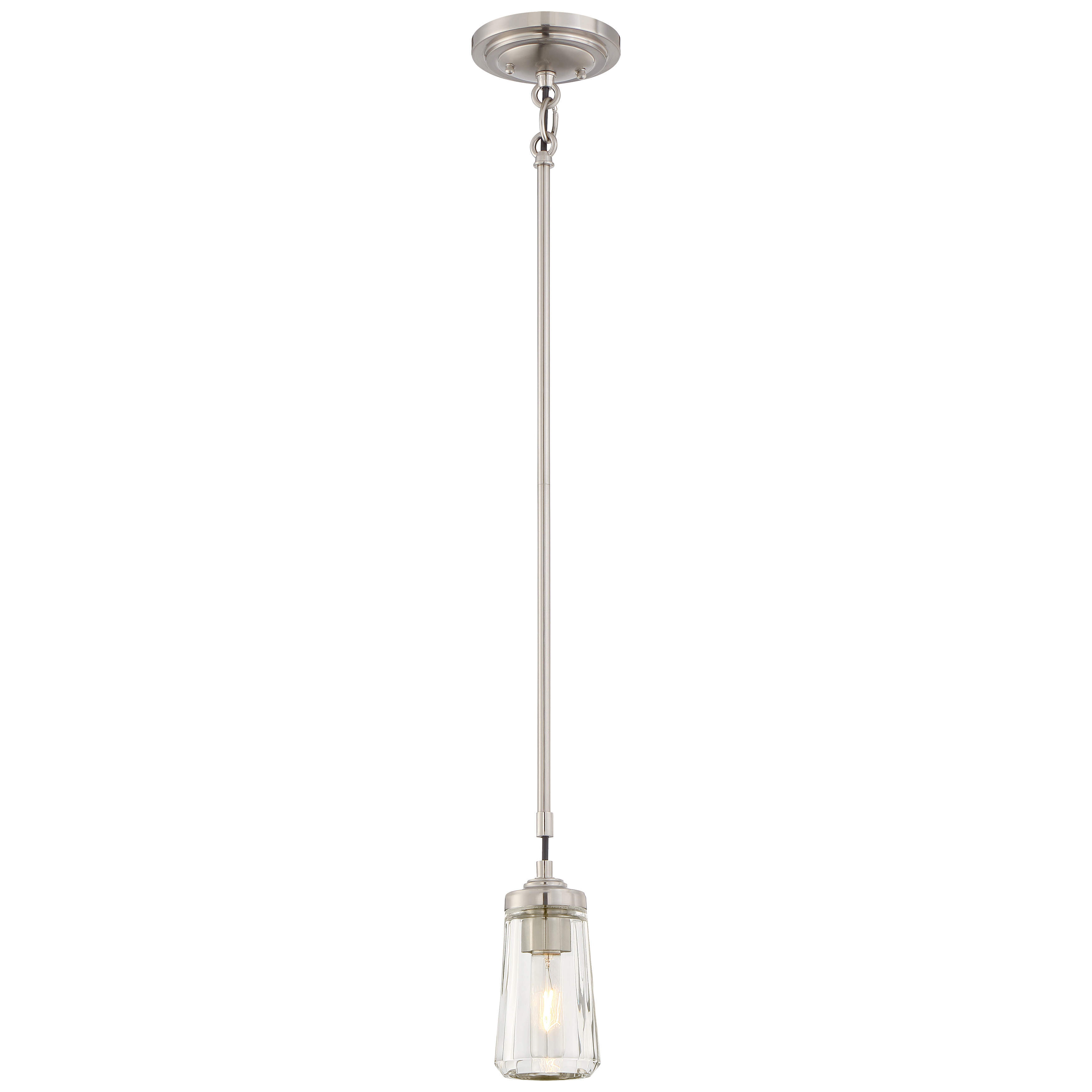 The Poleis mini pendant combines transitional styling with practical scale, featuring clear glass and brushed nickel finish. Its compact 3.75-inch diameter makes it perfect for task lighting over islands, vanities, or in tight spaces.