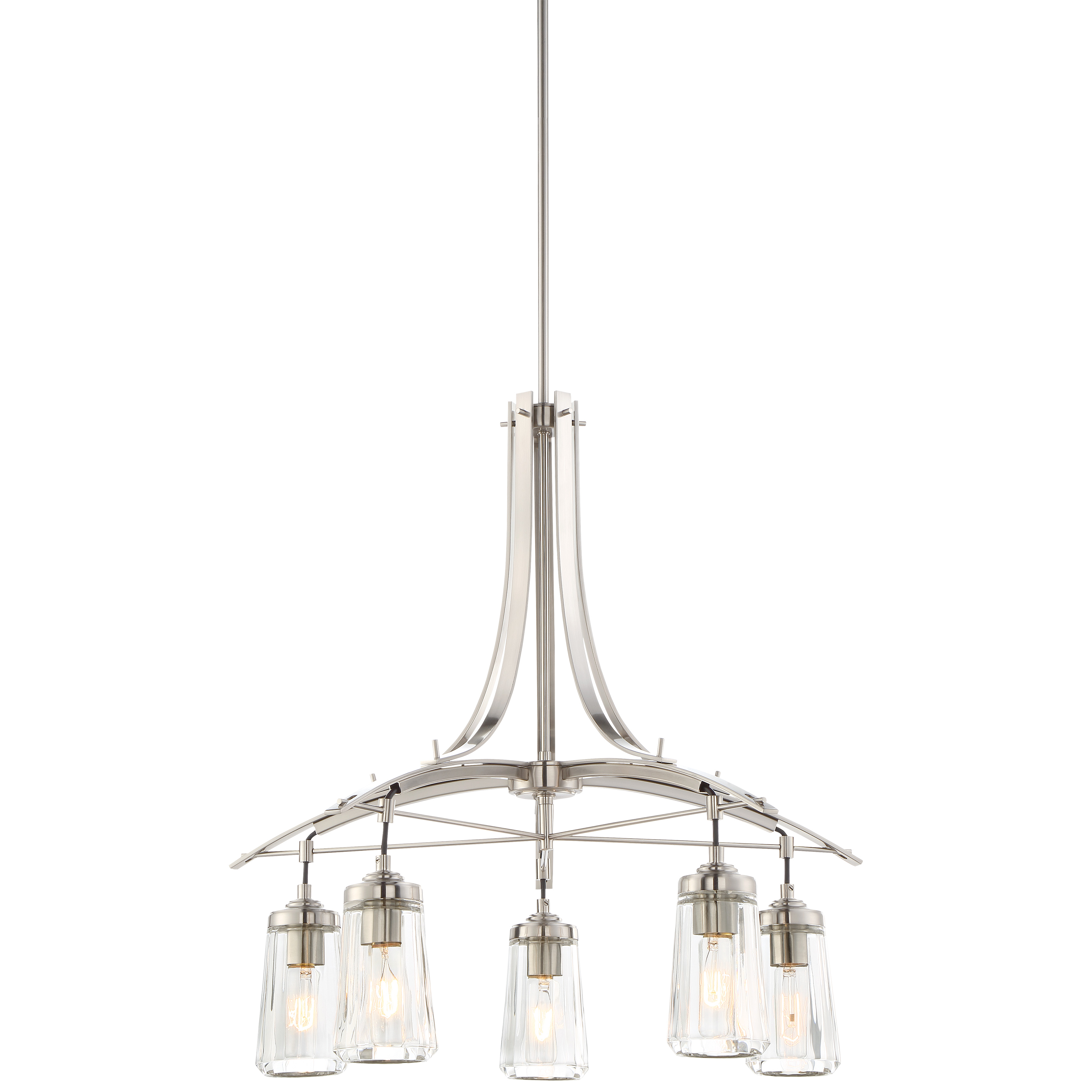 The Poleis 5-Light Chandelier combines brushed nickel finish with clear glass shades for a sophisticated transitional look. Its 26.5-inch width makes it perfect for medium-sized dining rooms and foyers.