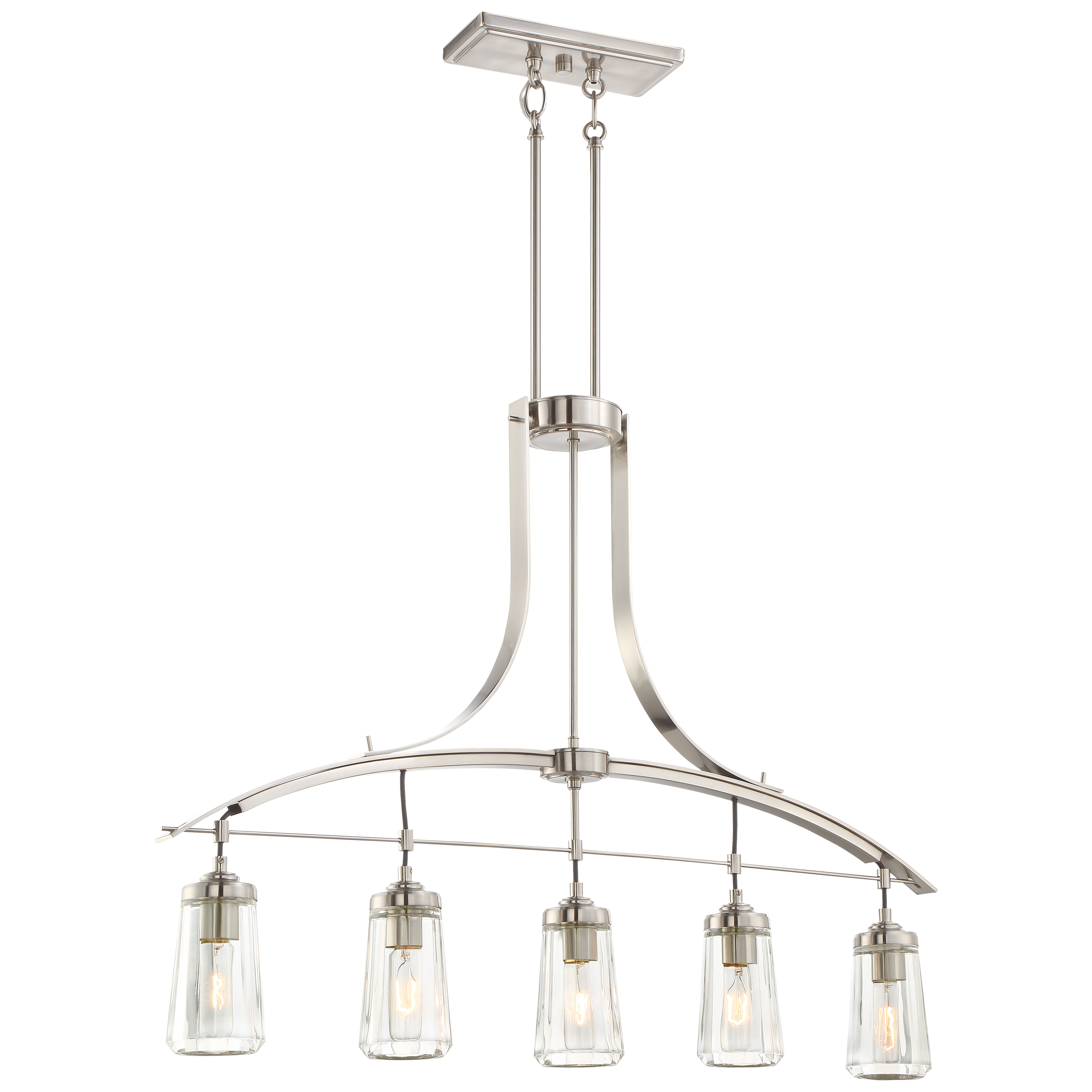 The Poleis 5-Light Island Chandelier combines transitional elegance with practical illumination. Its 39-inch linear design and clear glass shades provide excellent task lighting while the brushed nickel finish complements both traditional and contemporary spaces.