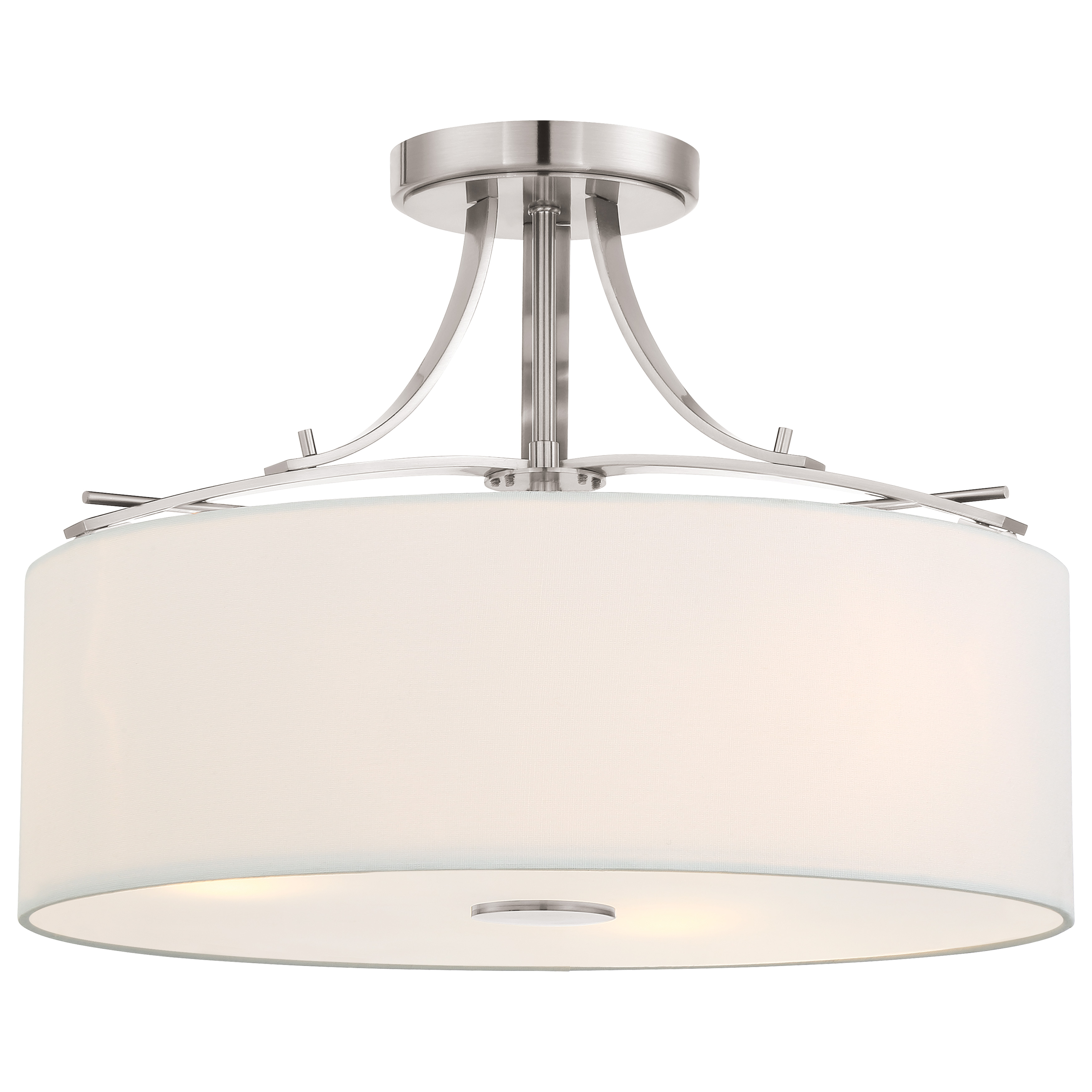 The Poleis semi-flush mount combines brushed nickel hardware with a fabric drum shade and clear glass diffuser, creating soft, ambient lighting. Its compact 16.5" profile suits smaller spaces while providing ample illumination.