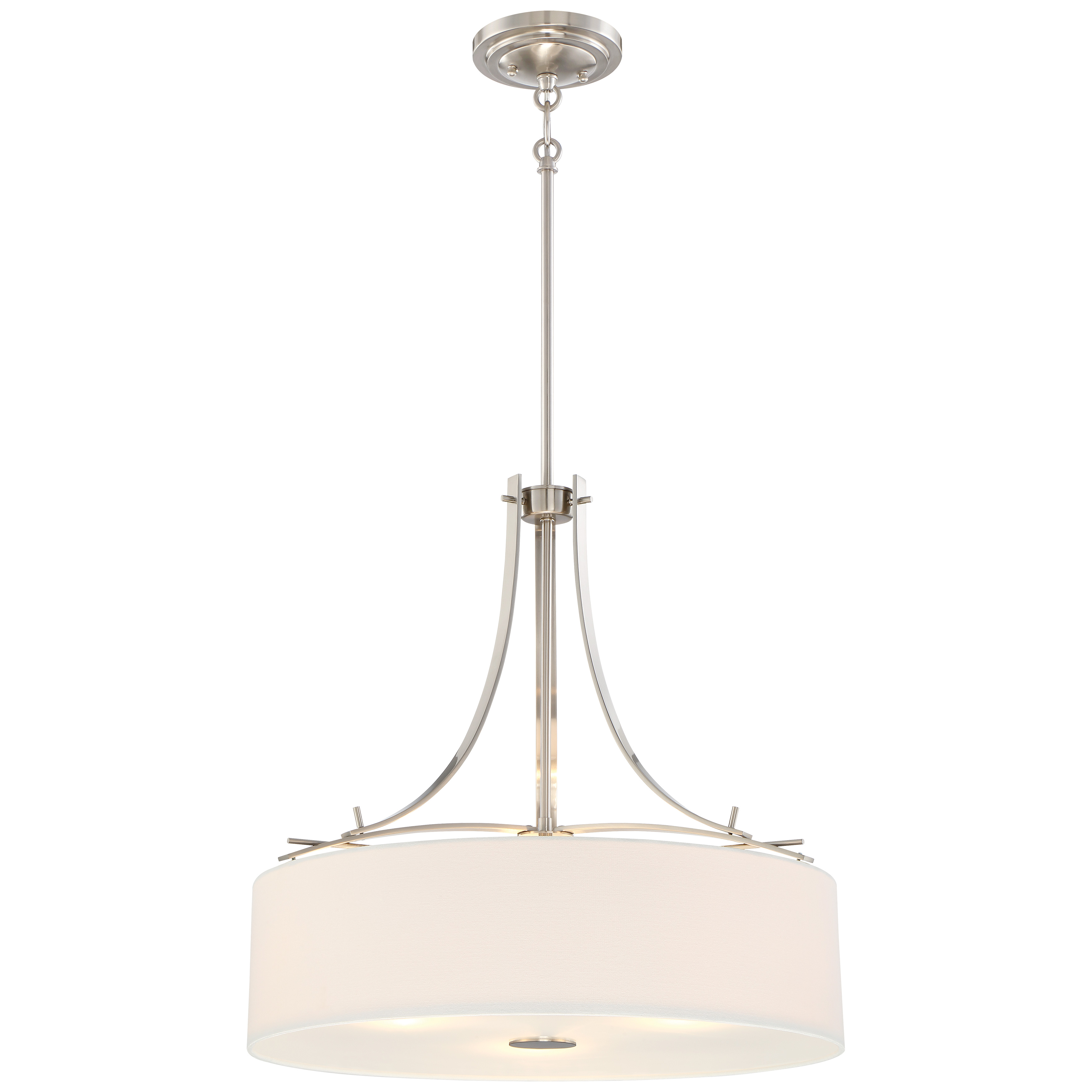 The Poleis 3-Light Pendant combines brushed nickel hardware with white linen shades for a refined transitional look. Its 20-inch profile and dimmable capability make it adaptable to various residential and hospitality settings.