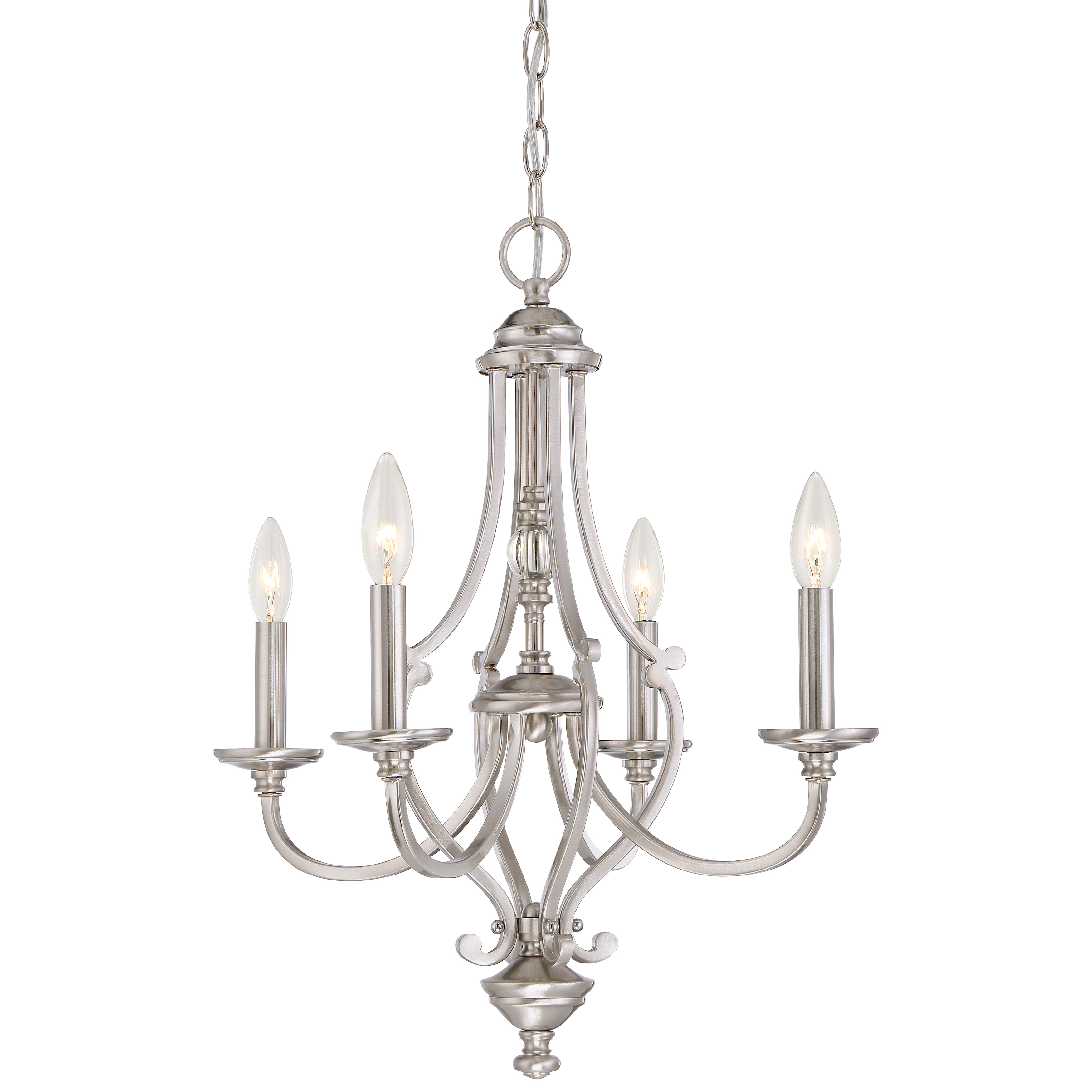 The Savannah Row 4-Light Chandelier combines classic elegance with contemporary simplicity. Its brushed nickel finish and glass shades create a refined look perfect for intimate dining spaces and smaller rooms.